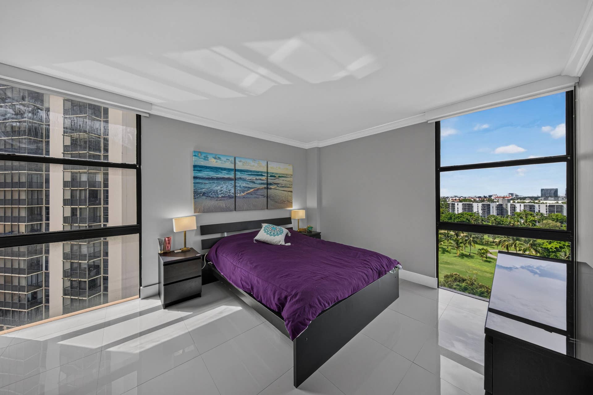 20379 W COUNTRY CLUB Drive, #1139, Aventura, FL 33180 Floor-to-ceiling windows, crown molding, light gray wall finish, tile flooring, and a built-in window shade