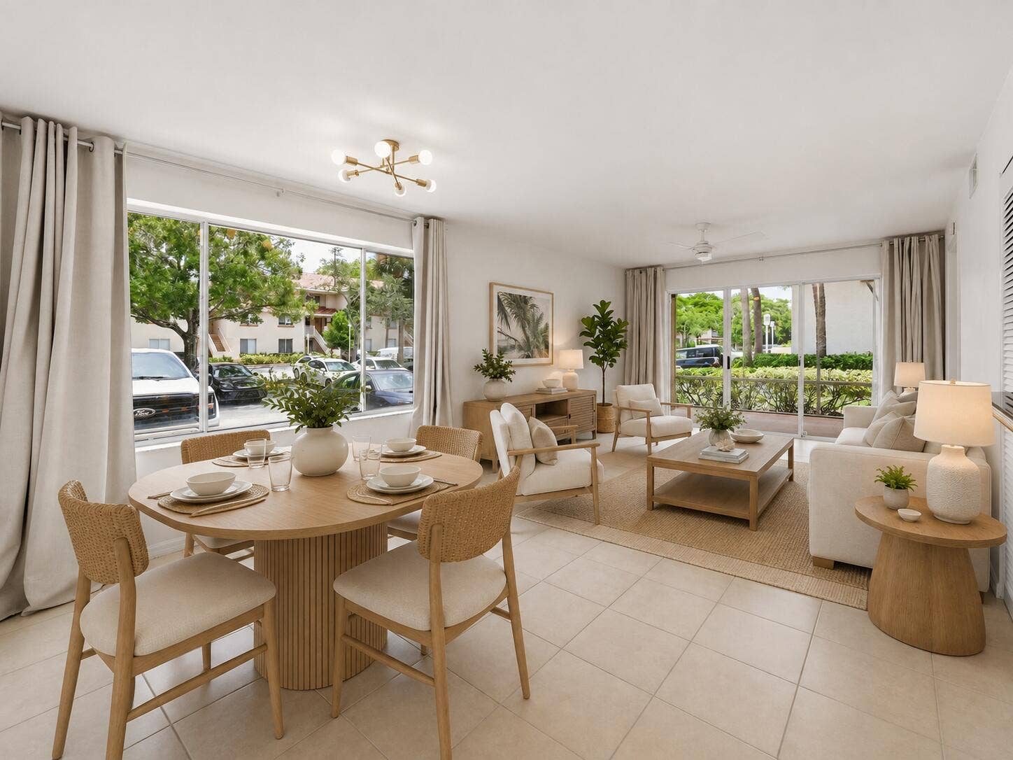 20101 Glenmoor Drive, West Palm Beach, West Palm Beach, FL 33409 Bright open-concept living and dining room with large windows, natural light, tile flooring, neutral coastal furnishings, and sliding glass doors opening to a ground-floor patio.