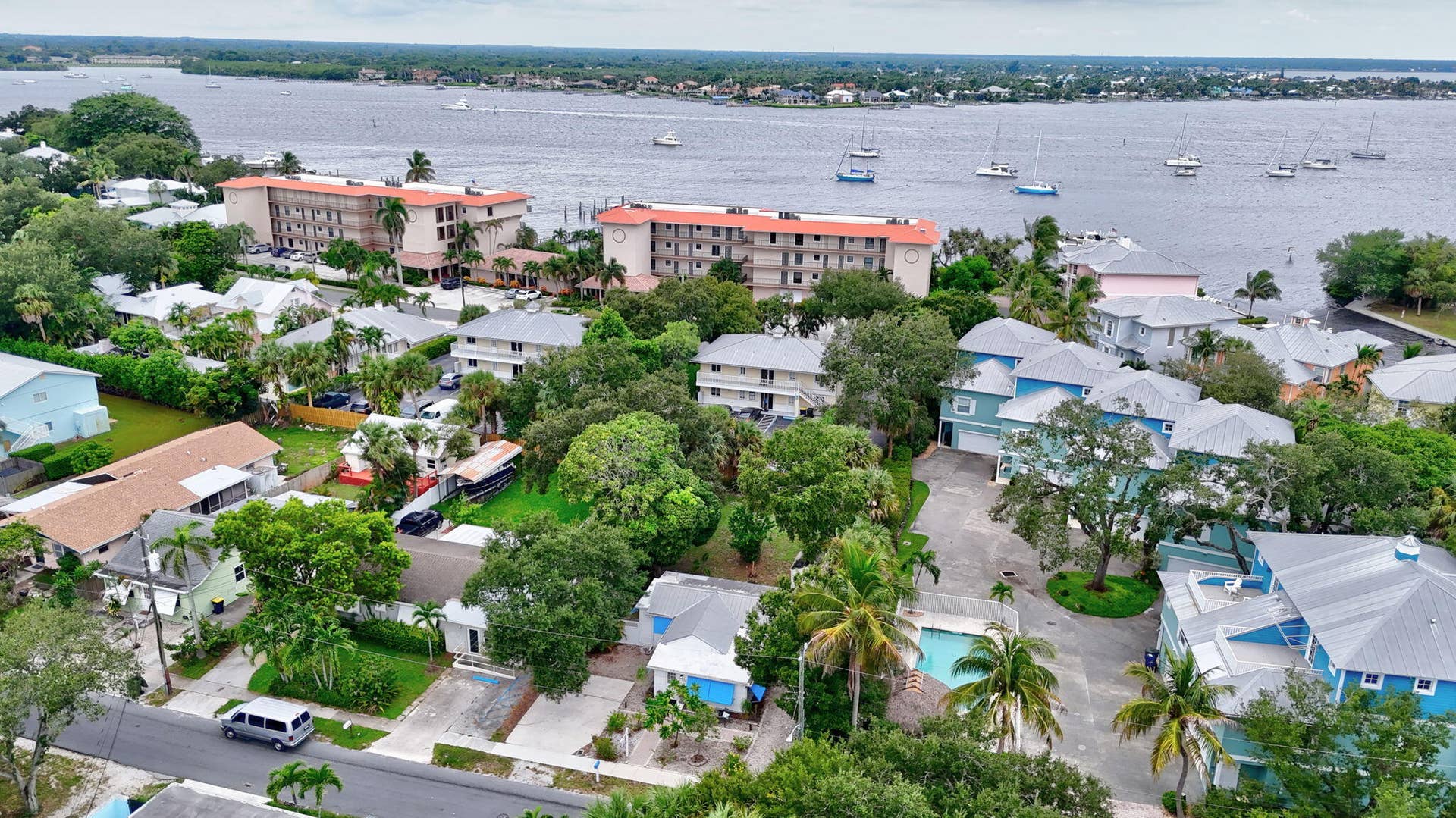 drone shot of water with house