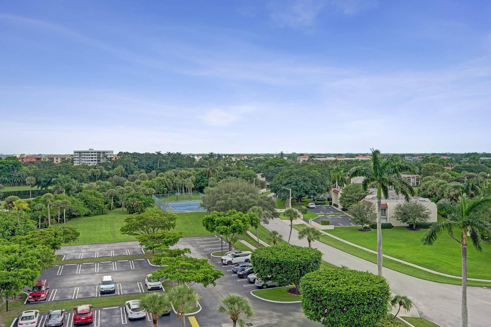 Balcony view over the gated entrance and community grounds