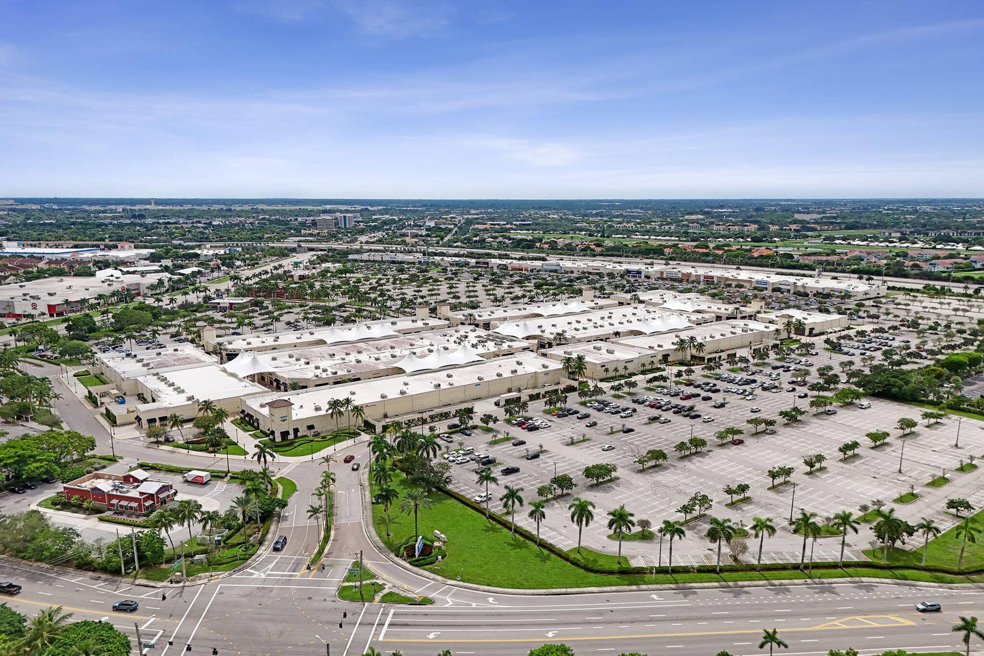 Aerial view of nearby shopping and dining