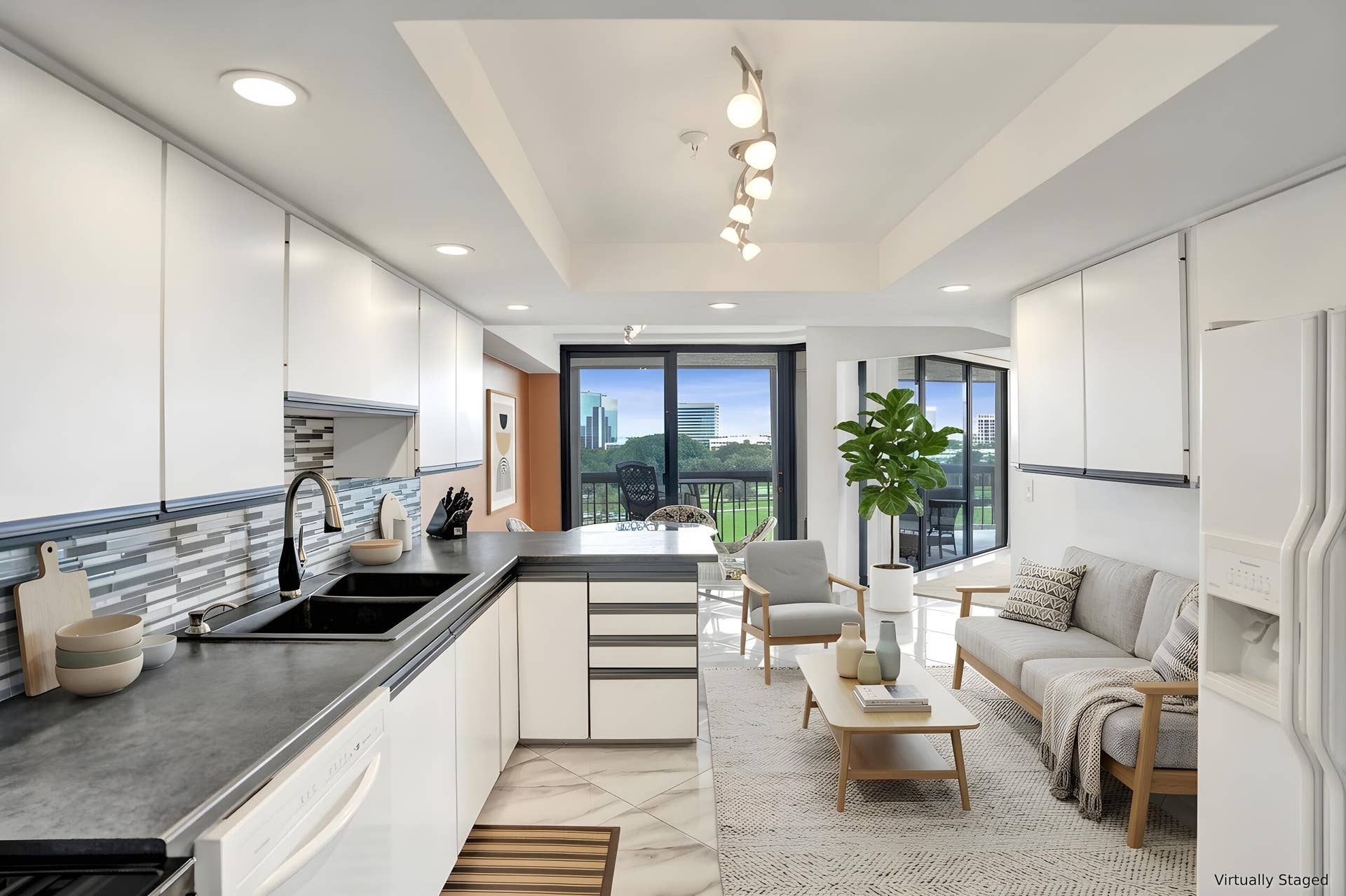 Virtually staged using AI  kitchen and living area