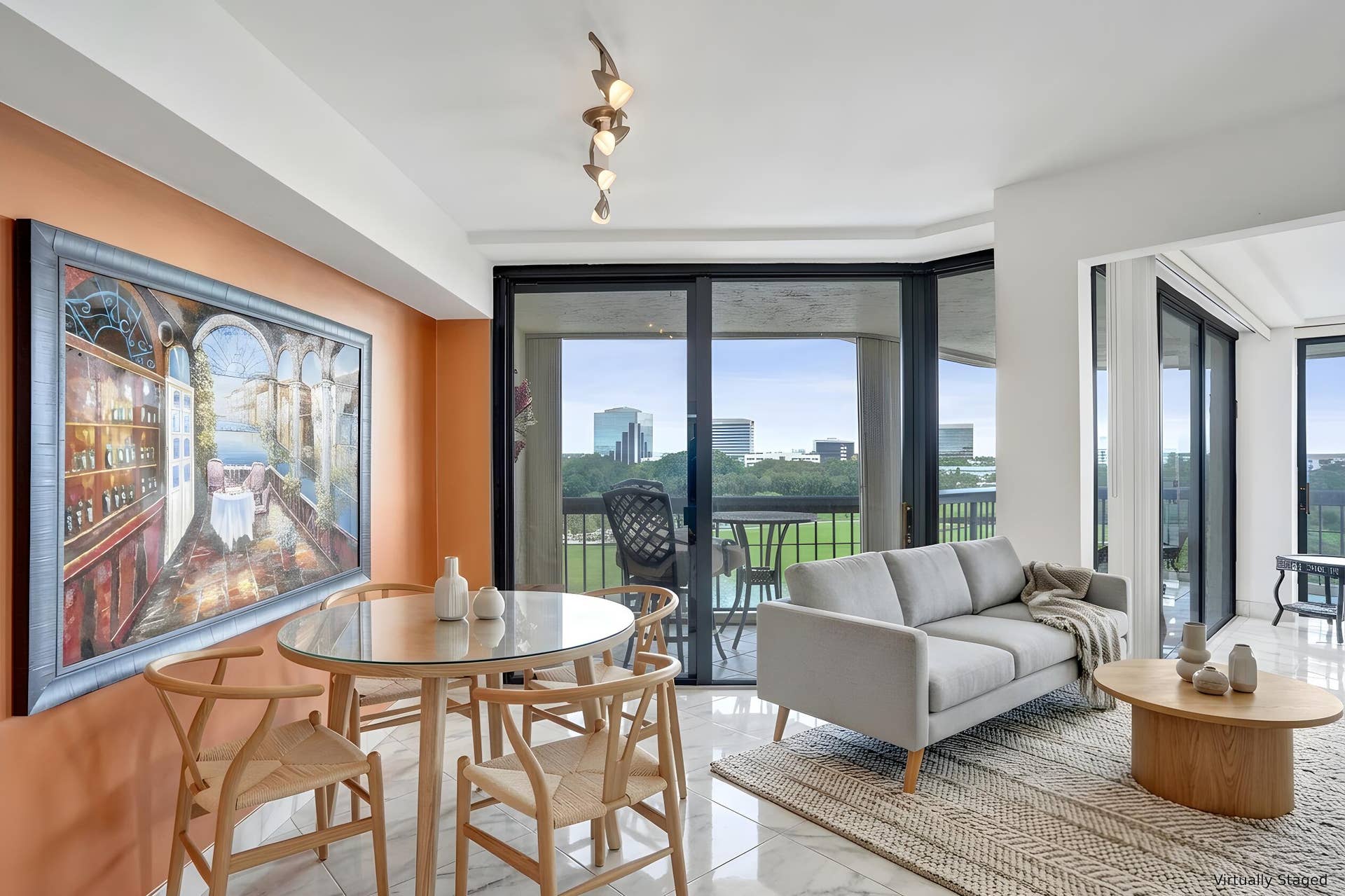 Virtually staged using AI  dining and living area