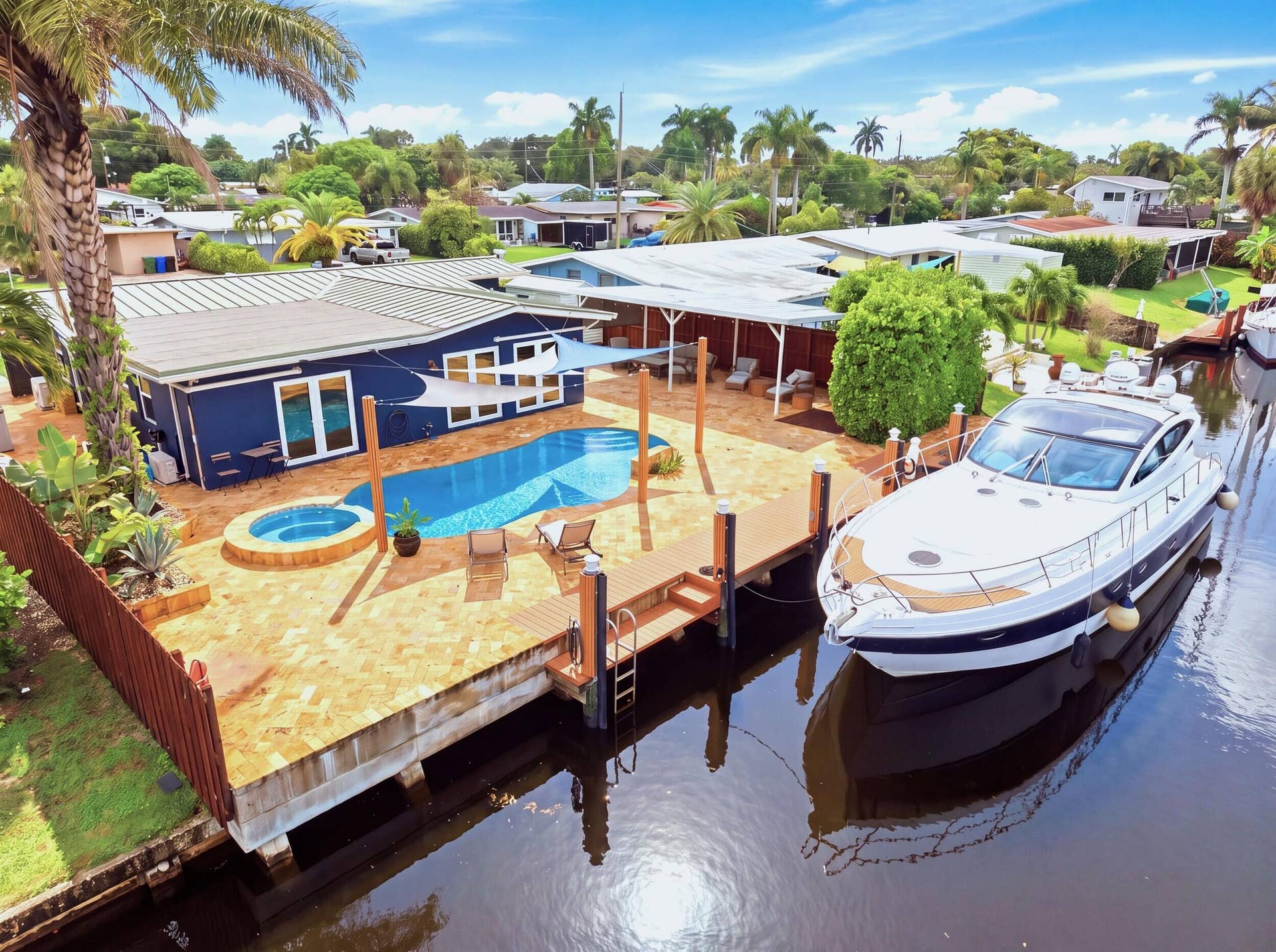 2496 BIMINI Lane, Fort Lauderdale, FL 33312 Waterfront property featuring a private dock, swimming pool, and integrated spa