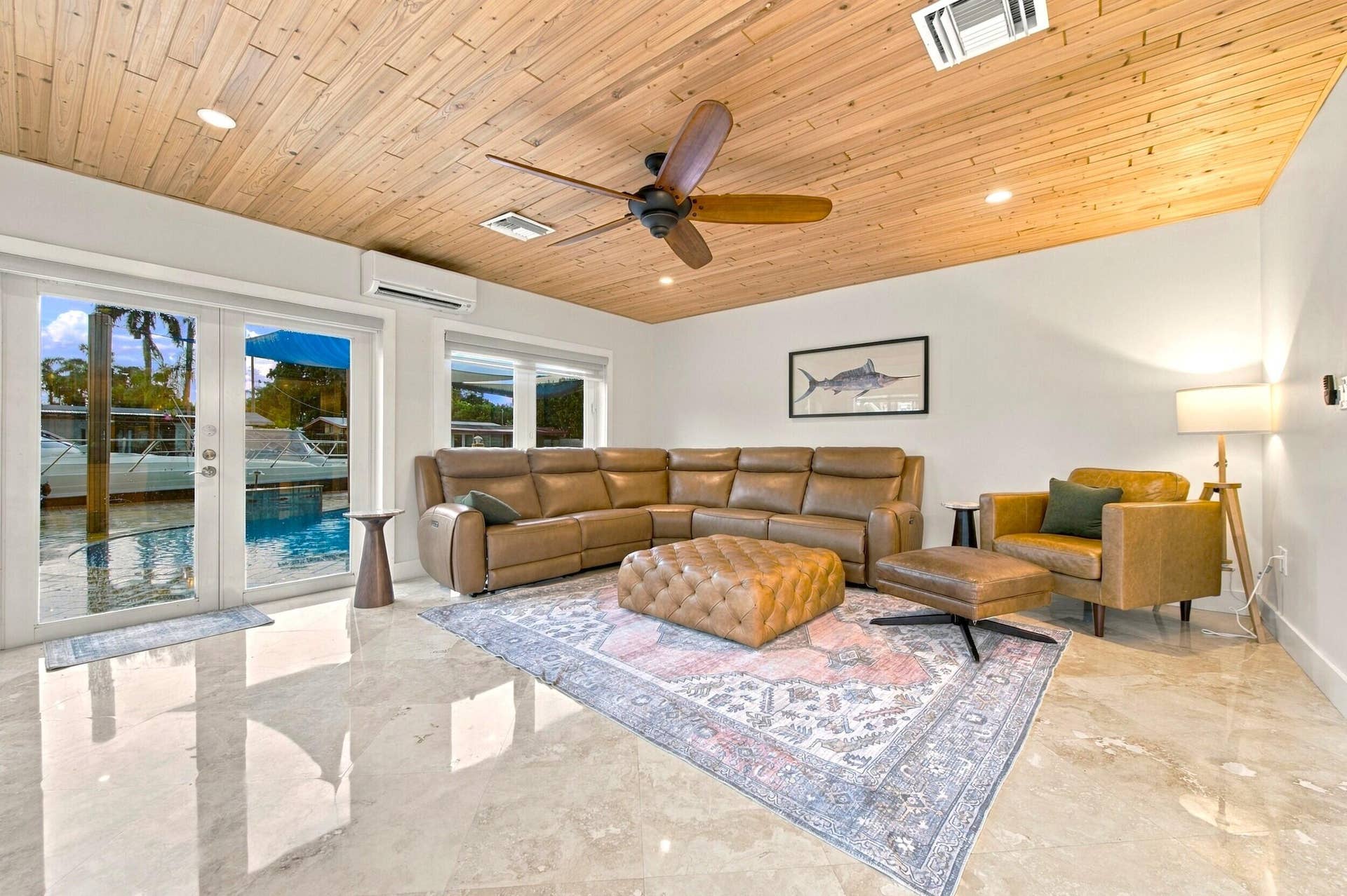 2496 BIMINI Lane, Fort Lauderdale, FL 33312 Wood-paneled ceiling with recessed lighting and a ceiling fan