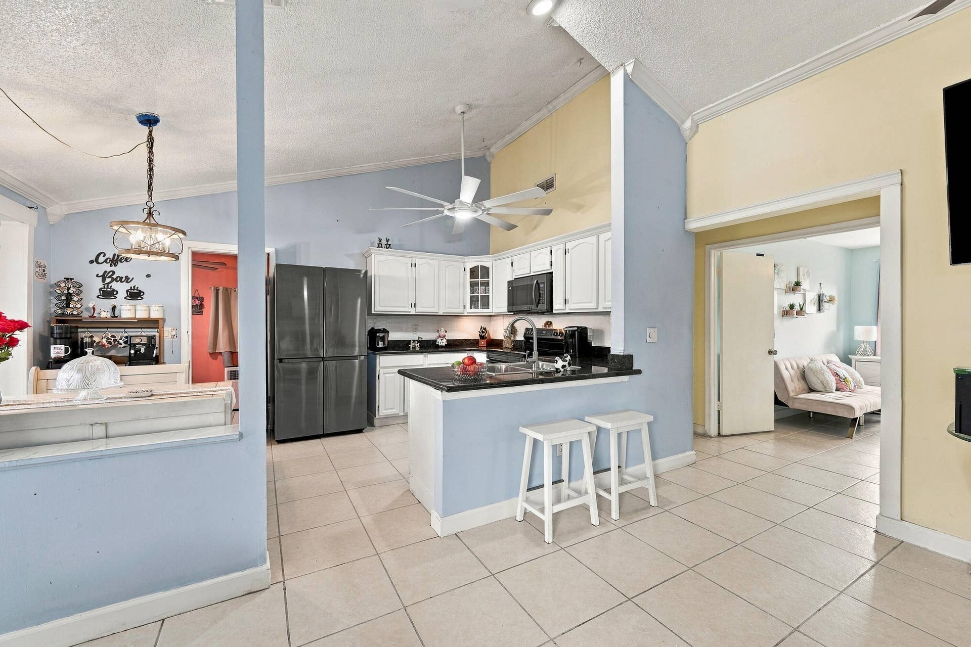 Vaulted ceilings in the living area