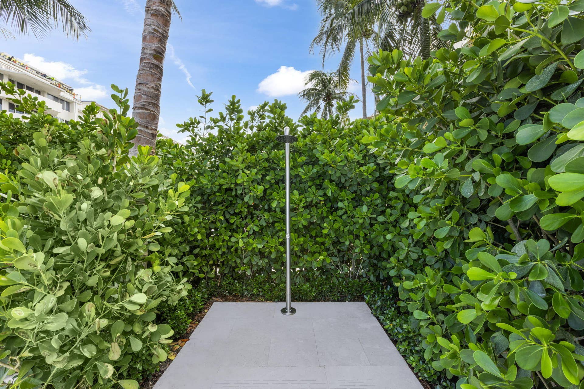 2773 S Ocean Boulevard, #517, Palm Beach, Palm Beach, FL 33480 Outdoor shower with a stainless steel fixture, surrounded by dense privacy hedging and mature palm trees