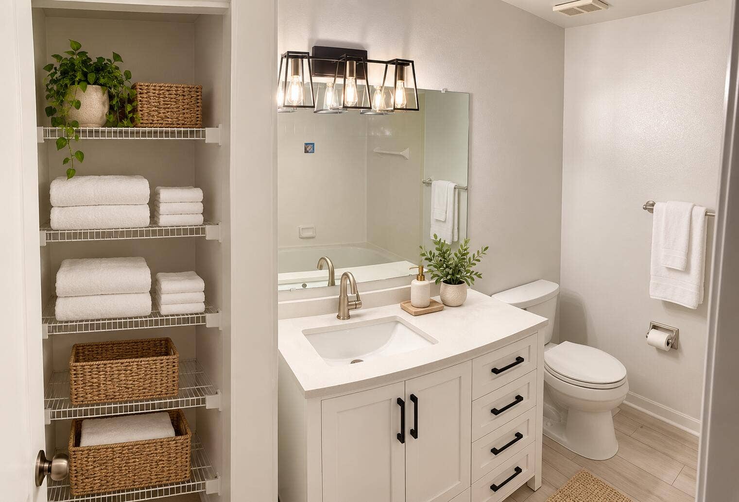 Warm modern bathroom staging