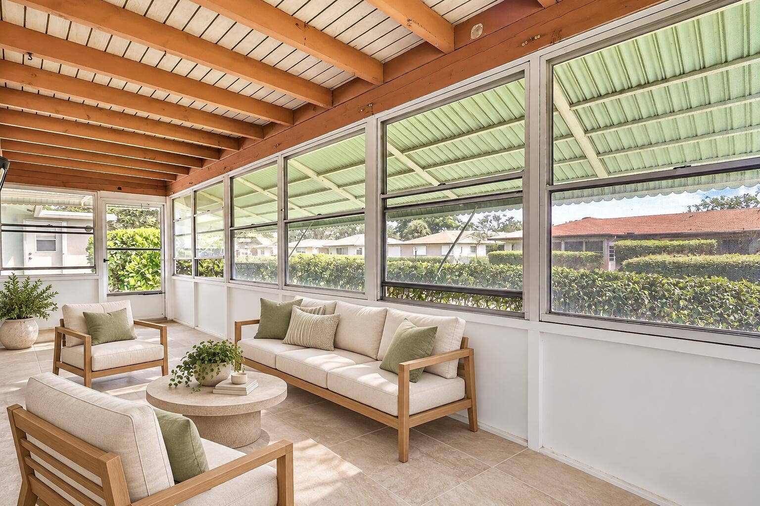 450 BLUEBIRD Lane, Delray Beach, FL 33445 Screened porch with exposed wood beam ceiling, tile flooring, and multiple awning windows