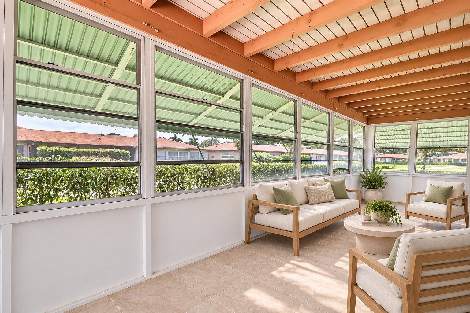 450 BLUEBIRD Lane, Delray Beach, FL 33445 Expansive sunroom featuring exposed wood ceiling beams, white paneling, multiple windows, and a neutral tile floor