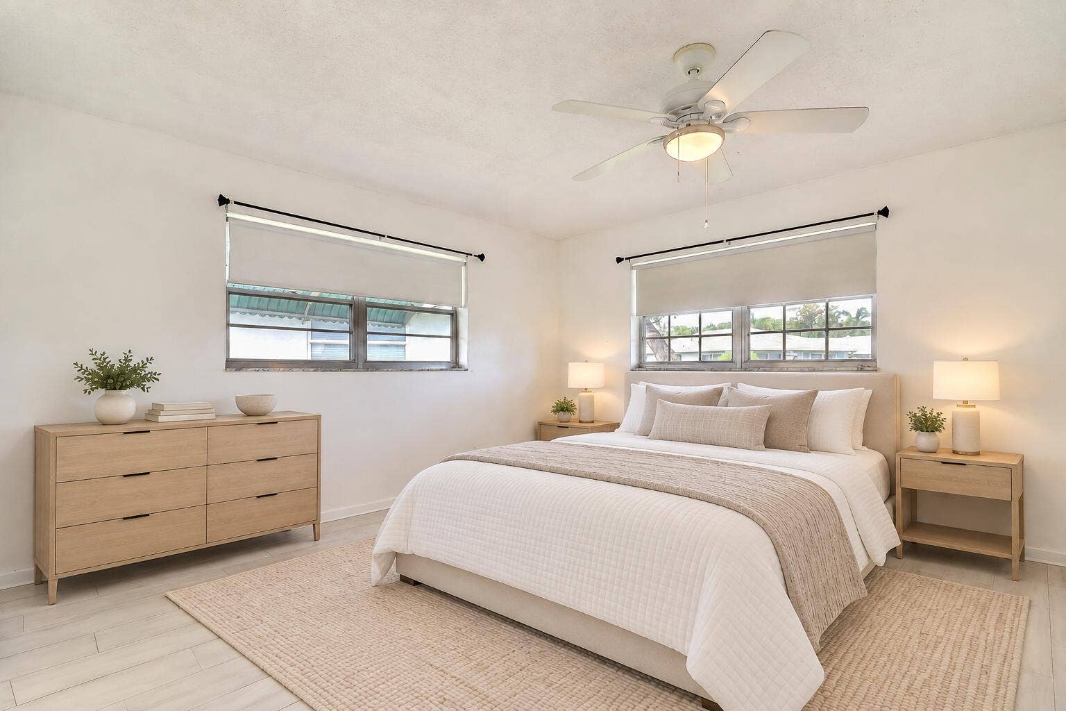 450 BLUEBIRD Lane, Delray Beach, FL 33445 White ceiling fan with integrated lighting, two windows with roller shades, and light wood-finish flooring