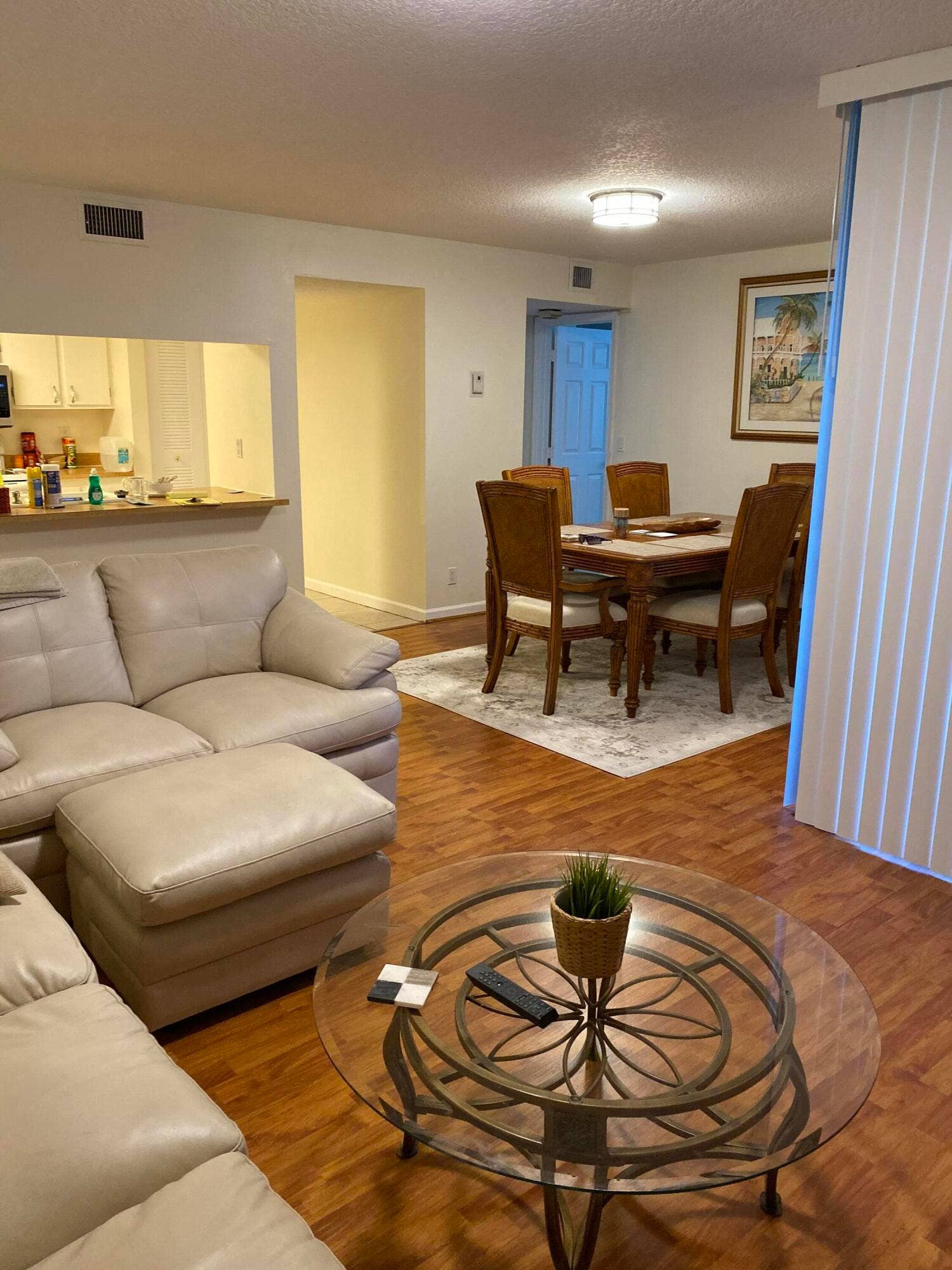 Wood-finish flooring throughout, with a dining area featuring a light-toned ceiling and a wall-mounted light fixture