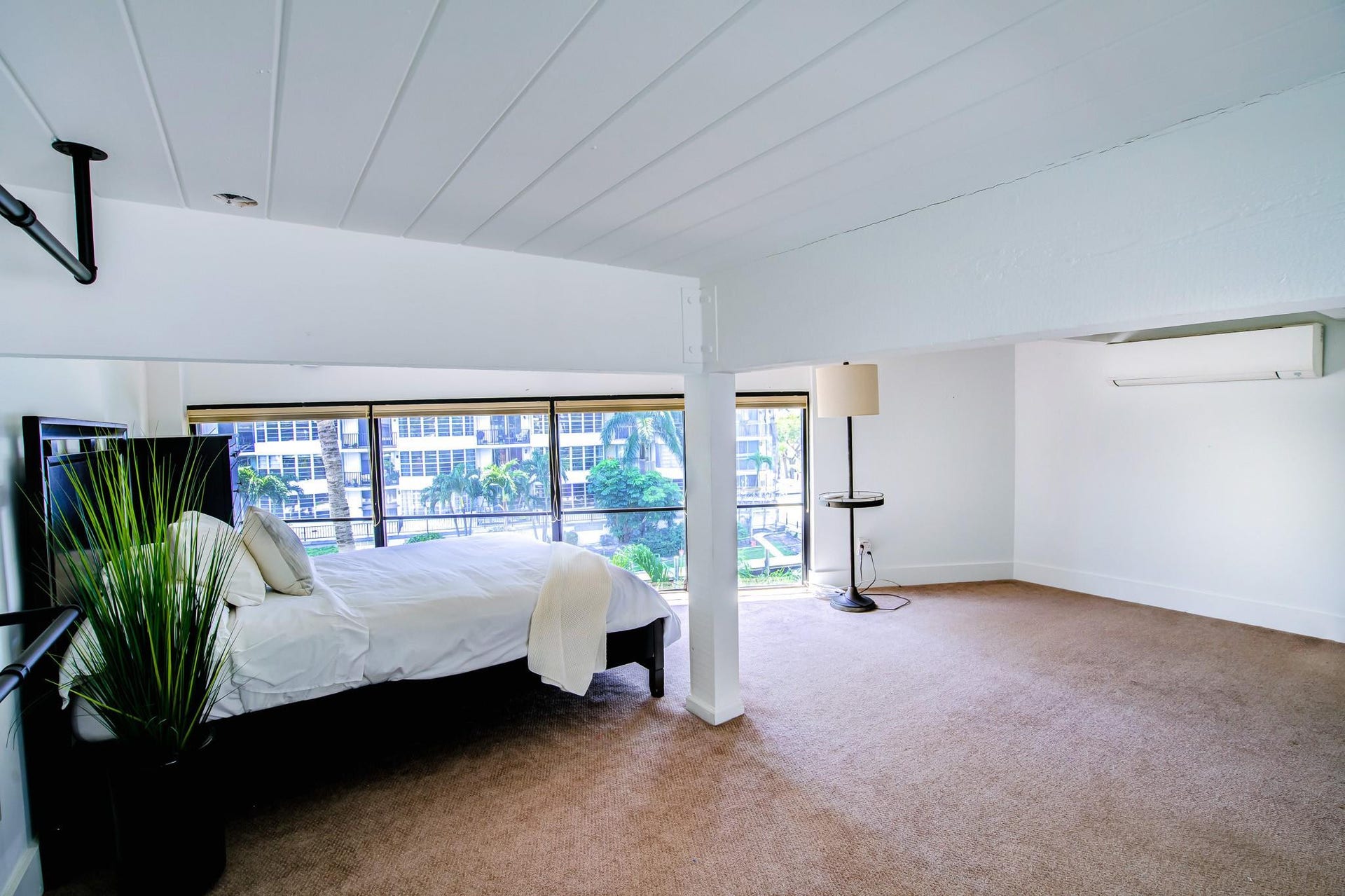 Expansive room featuring carpeted flooring, a full wall of windows with blinds, and white painted exposed beam ceilings
