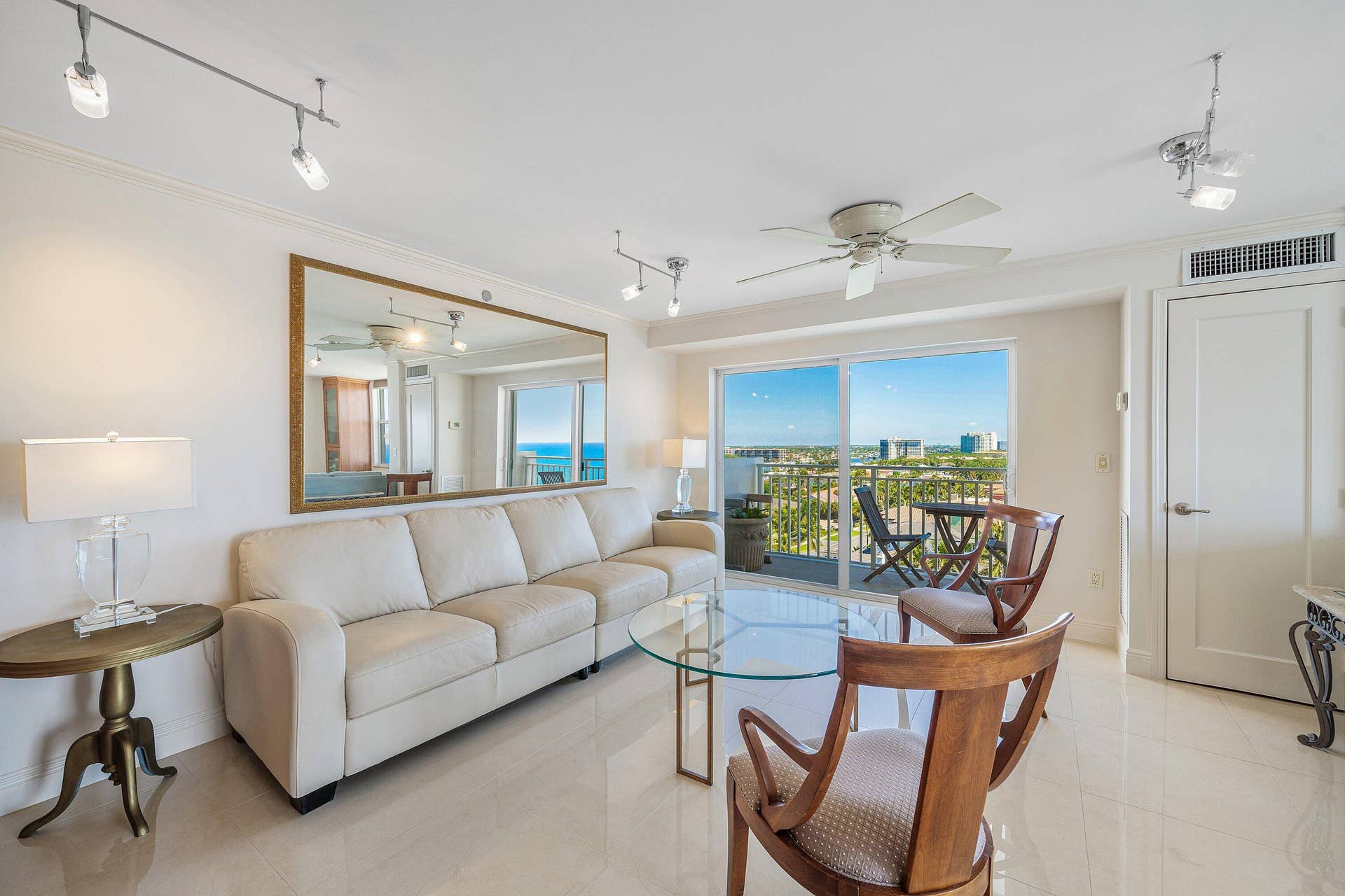 4505 S Ocean Boulevard, #1008, Highland Beach, FL 33487 Coastline, city and ocean views from the side balcony. Open concept living