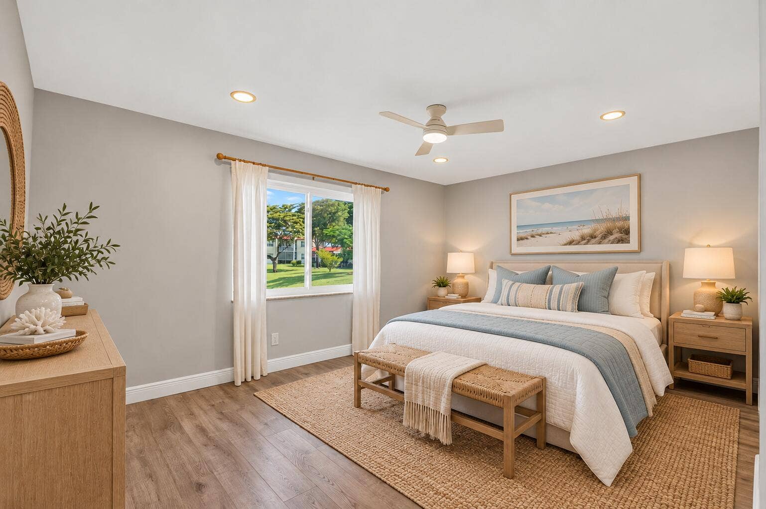 163 LAKE EVELYN Drive, West Palm Beach, FL 33411 Primary Bedroom w Lake View, Impact Window, New Ceiling Fan, New Window Treatments