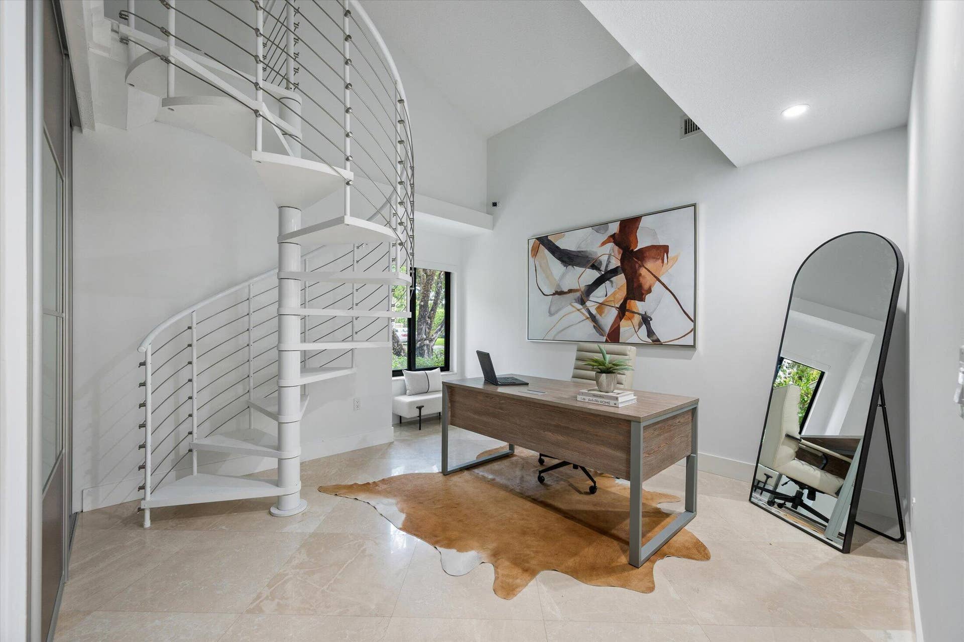 2890 ANTIETAM Lane, West Palm Beach, FL 33409 Spiral staircase with cable railing, high ceilings, recessed lighting, and light-toned tile flooring