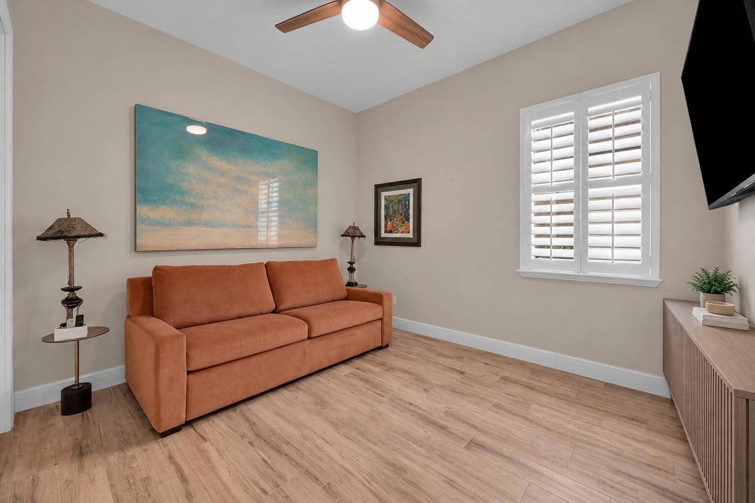 Modern Cozy Living Room with Slatted TV