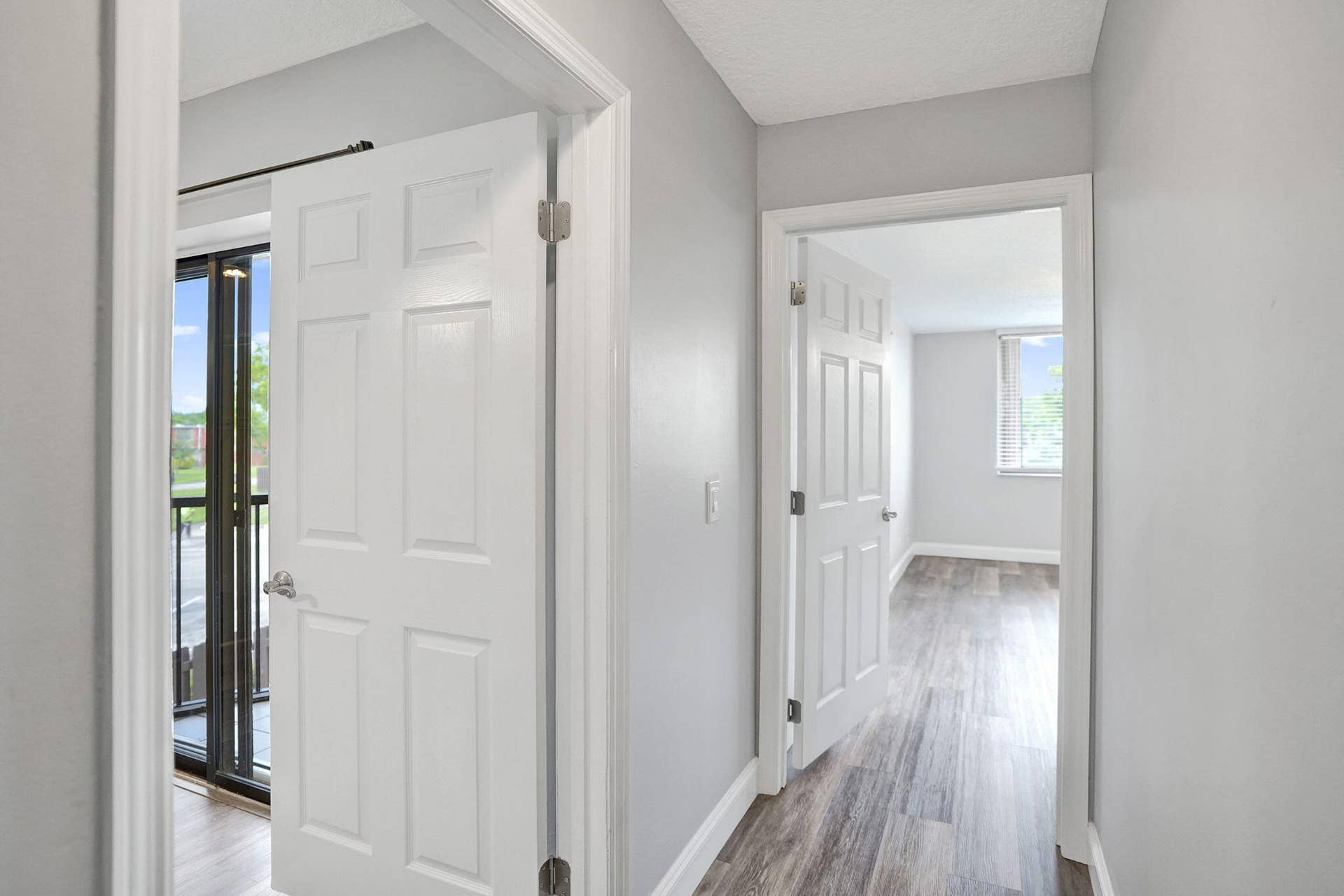 White paneled doors, fresh wall paint, wood-finish flooring