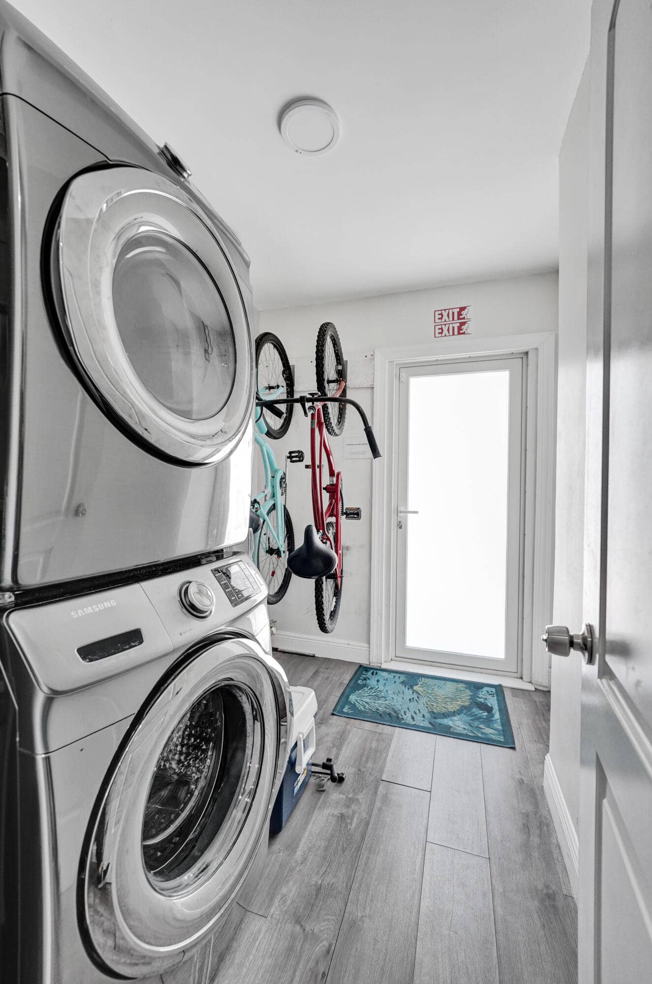 Stackable laundry appliances with a front-load washer and dryer