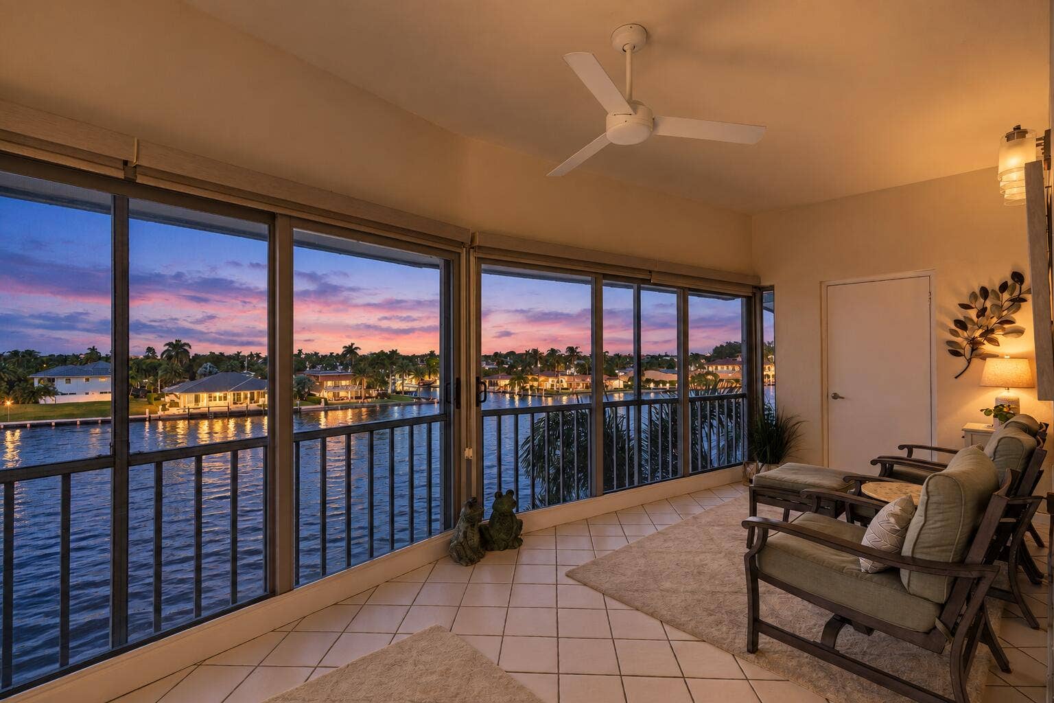 711 N RIVERSIDE Drive, #401, Pompano Beach, FL 33062 Cozy Waterfront Sunroom at Blue Hour