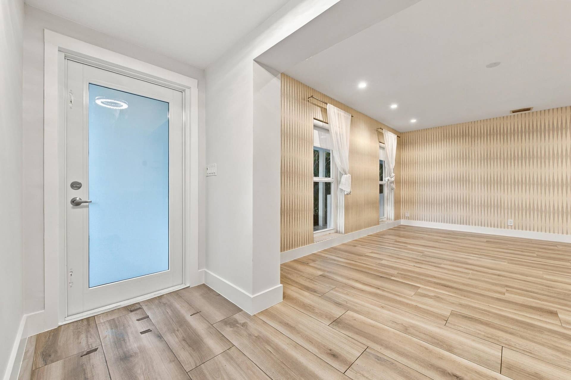 Full-light exterior door with frosted glass, recessed ceiling lighting, and wood-finish flooring