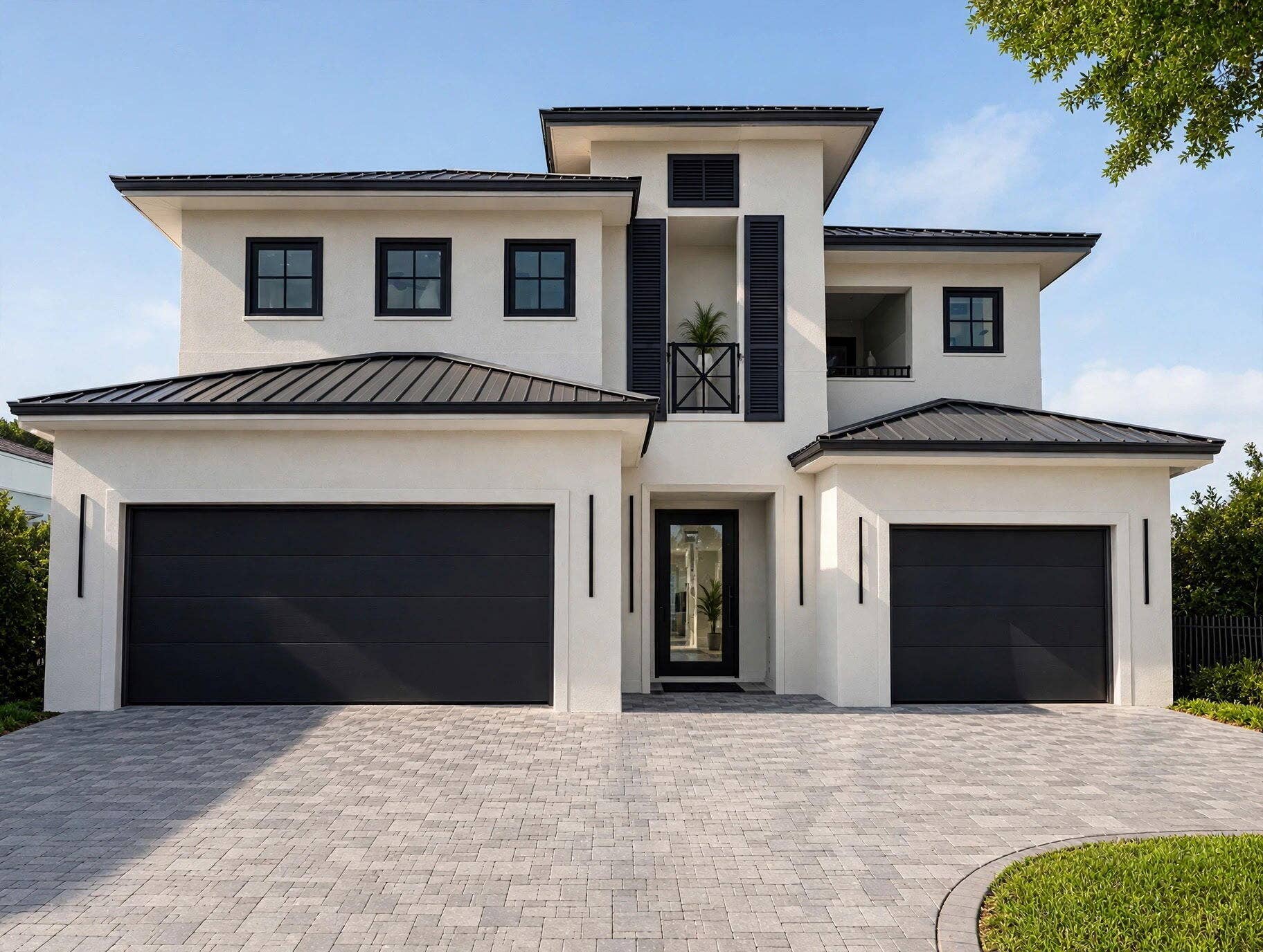 1109 PROSPERITY VILLAGE Drive, North Palm Beach, FL 33410 Contemporary stucco exterior with dark metal roofing, black-framed windows, and a paver driveway