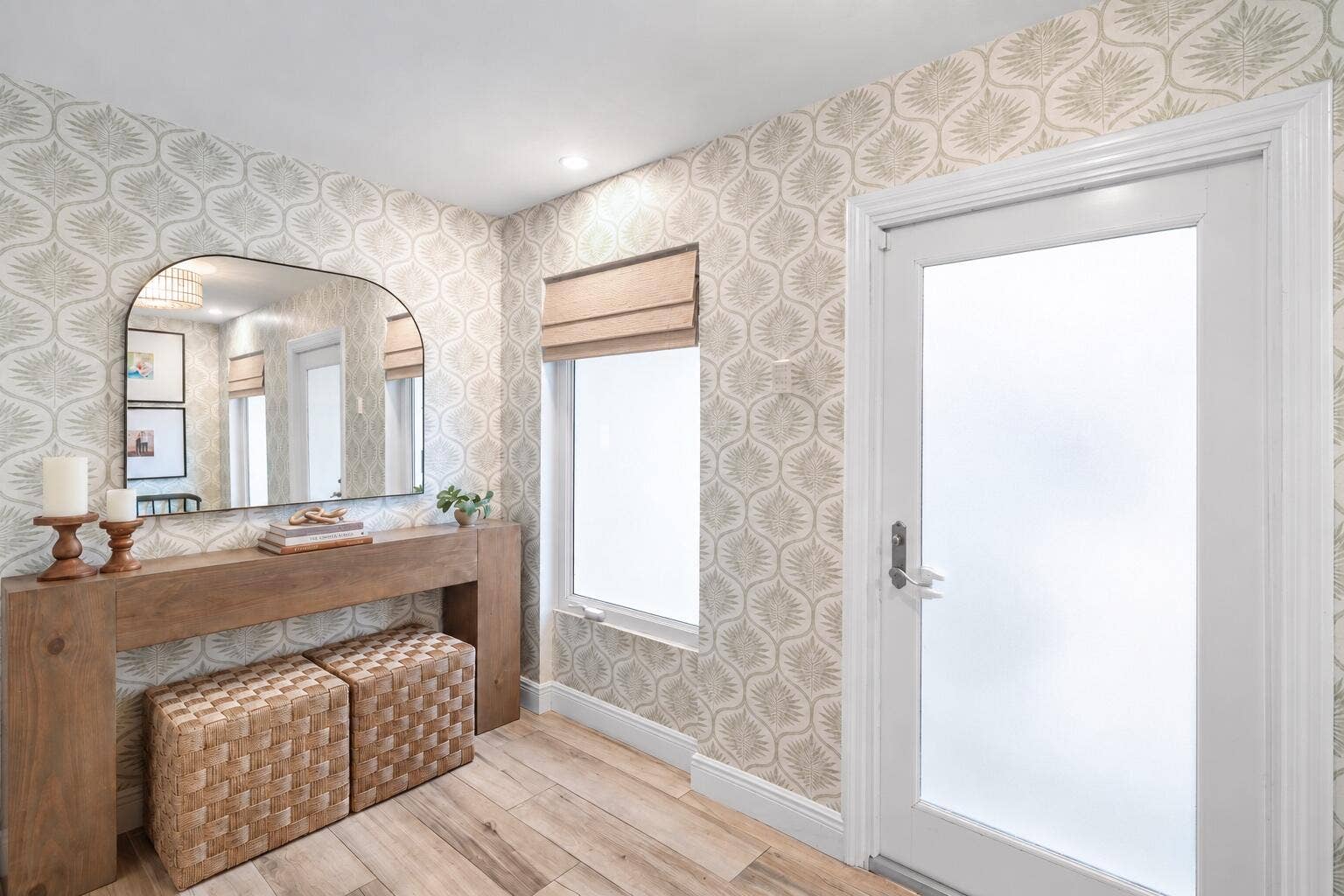 979 SW 13TH Drive, Boca Raton, FL 33486 Patterned wallpaper and impact glass-paneled front door.