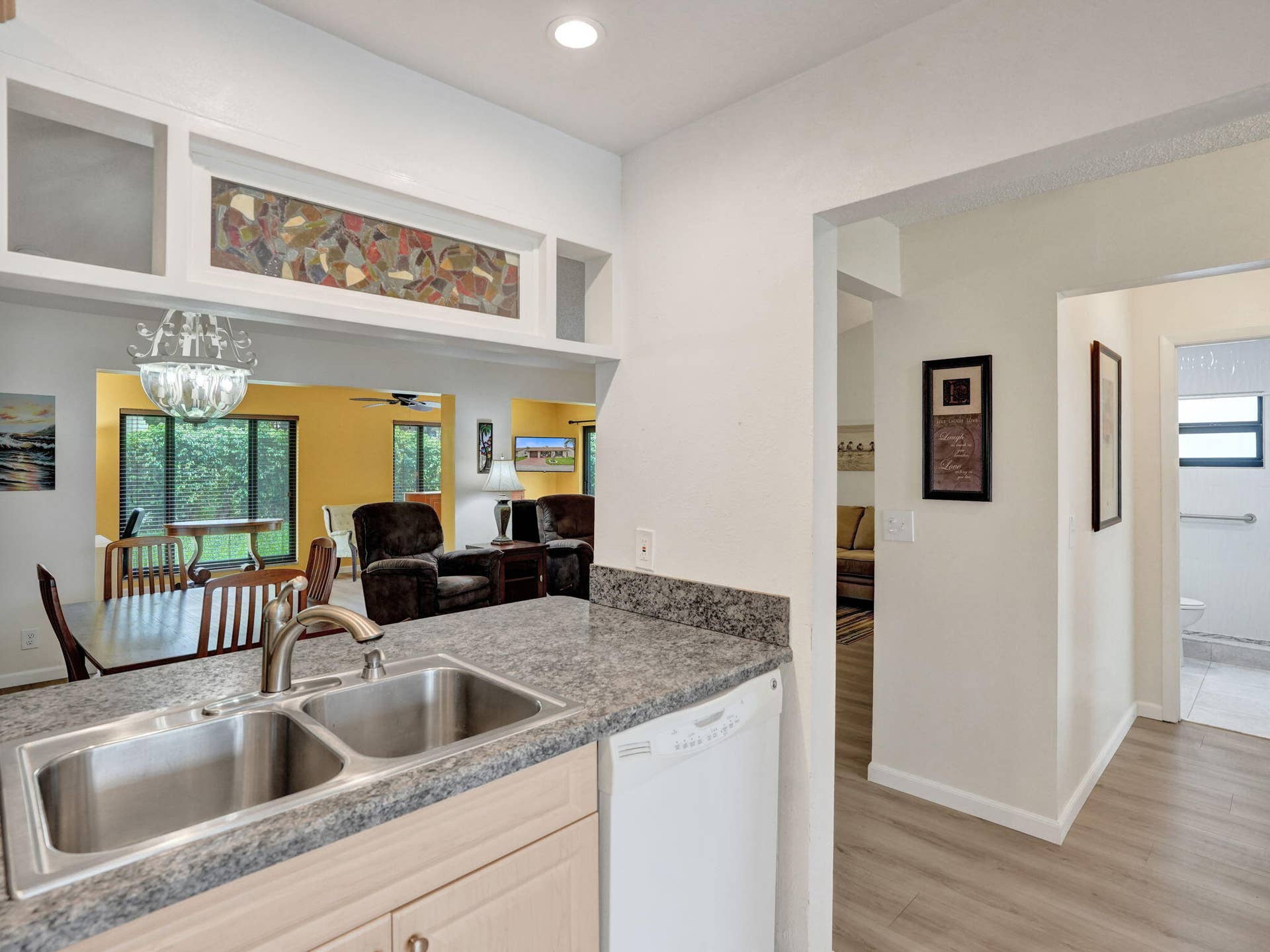 2085 SW 15th Place, Deerfield Beach, FL 33442 Kitchen with double basin stainless steel sink, granite-style countertop, and recessed lighting