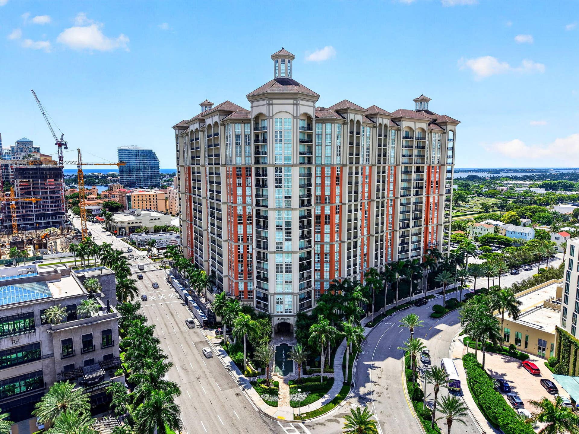 550 OKEECHOBEE Boulevard, #1618, West Palm Beach, West Palm Beach, FL 33401 Symmetrical high-rise building with a grand entrance, multiple balconies, and a distinctive cupola