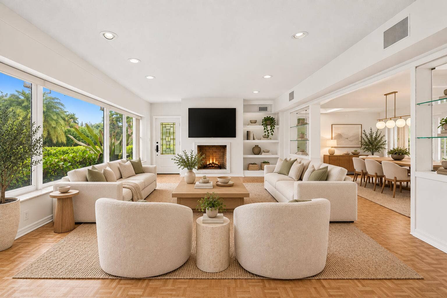 1705 NE 26TH Avenue, Fort Lauderdale, FL 33305 Living area with wood-finish flooring, a white brick fireplace, built-in shelving, and recessed lighting