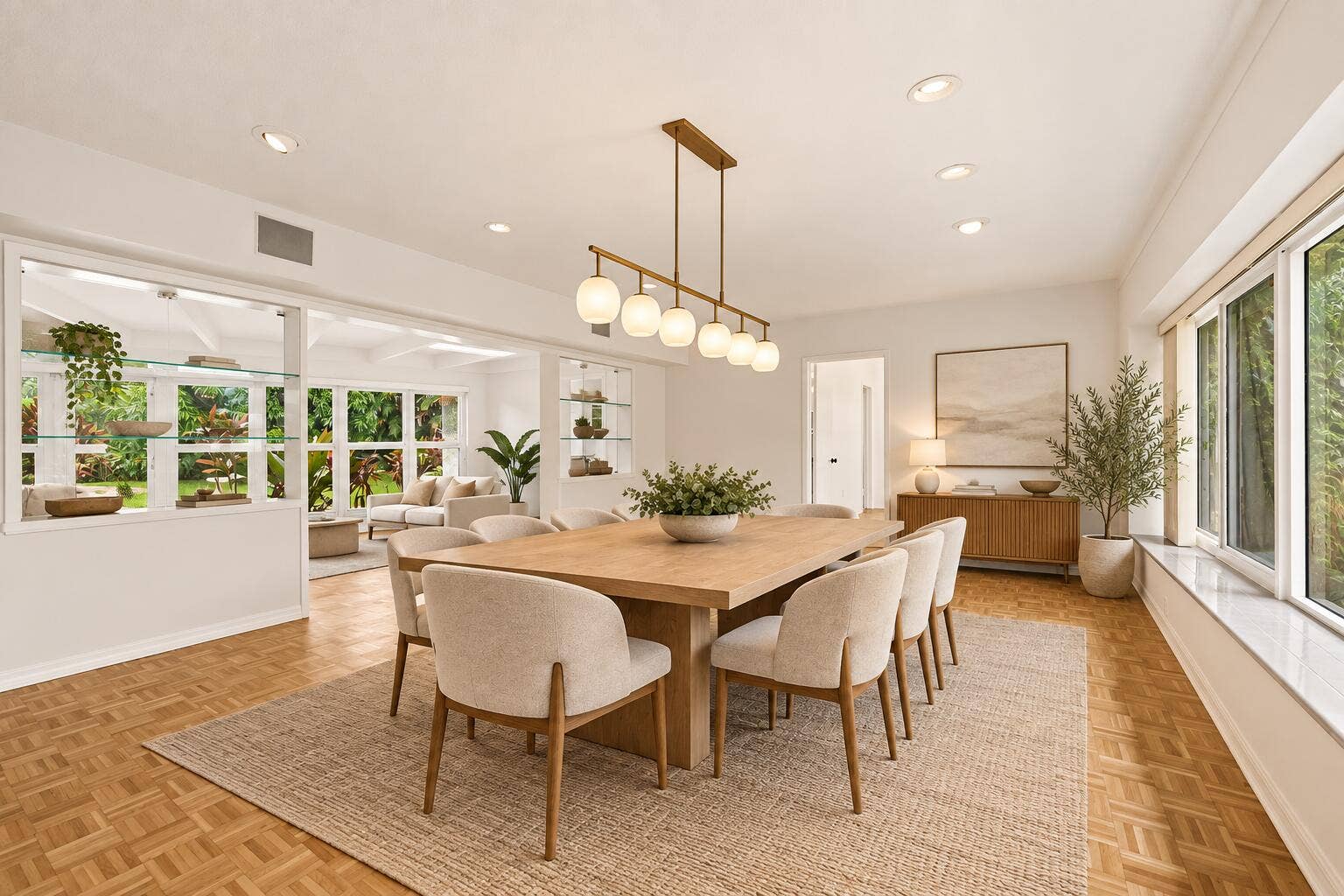1705 NE 26TH Avenue, Fort Lauderdale, FL 33305 Recessed lighting, wood-finish flooring, full-height windows, built-in shelving, and a modern linear chandelier