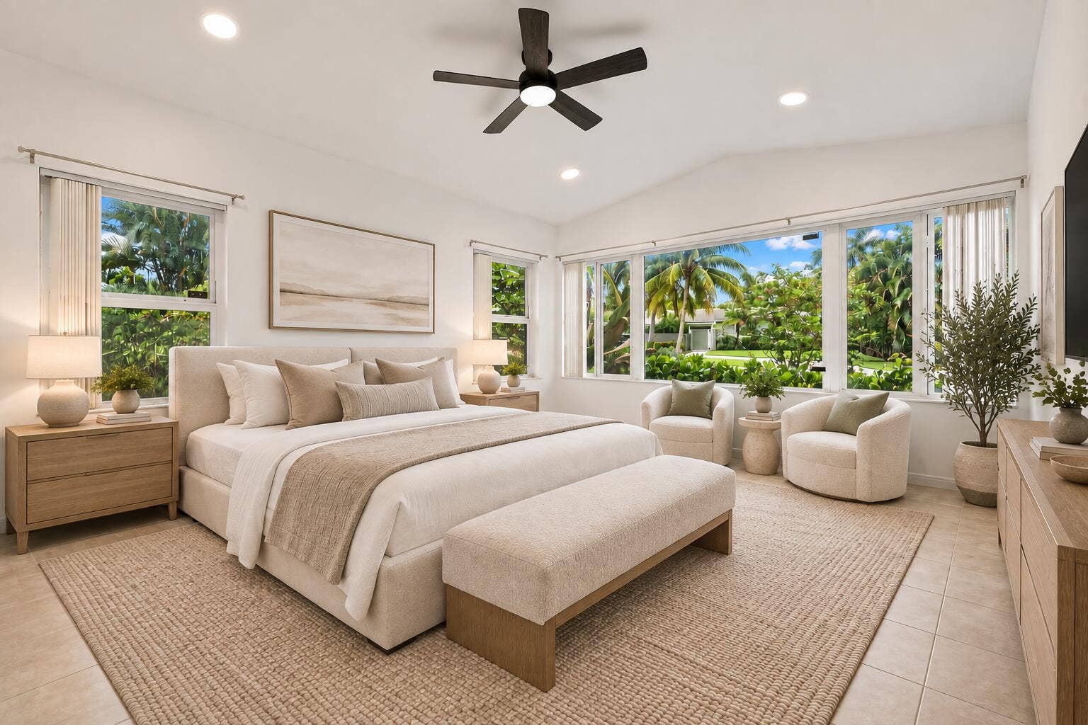 1705 NE 26TH Avenue, Fort Lauderdale, FL 33305 Vaulted ceiling with recessed lighting, ceiling fan, expansive window wall, and tile flooring