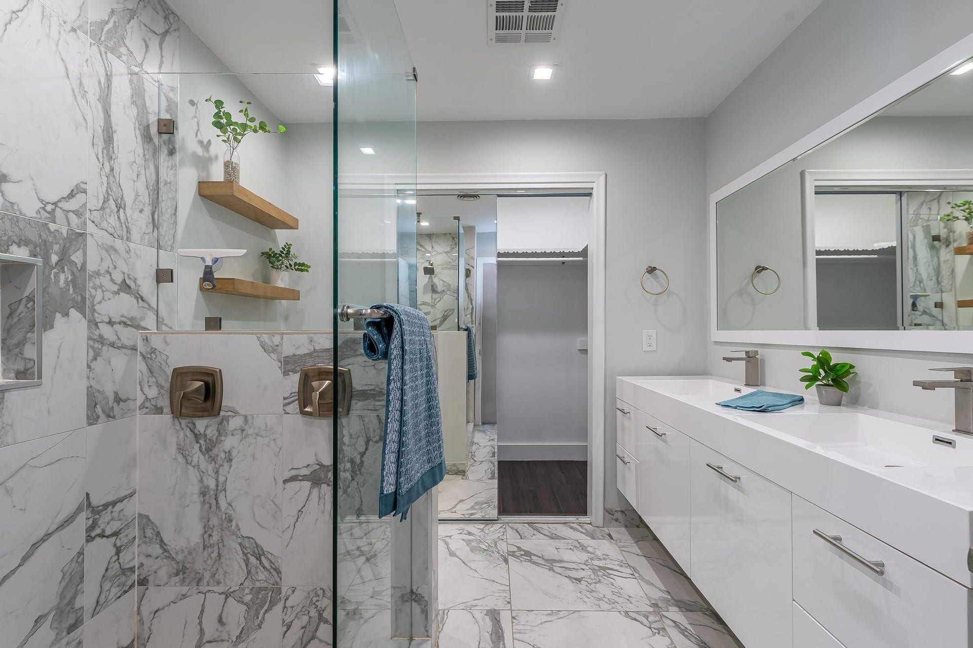 Primary bath with frameless glass shower