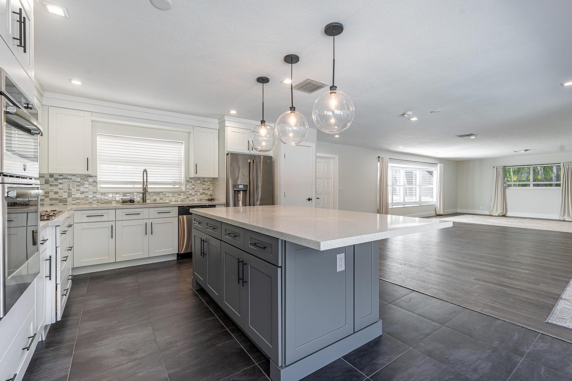 Kitchen open to living and dining