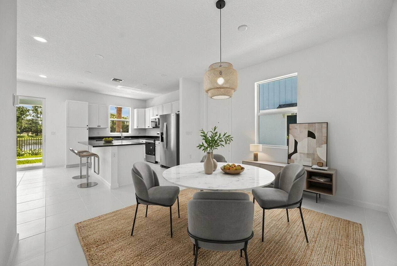 Open-concept living area with tile flooring, white walls, and recessed lighting