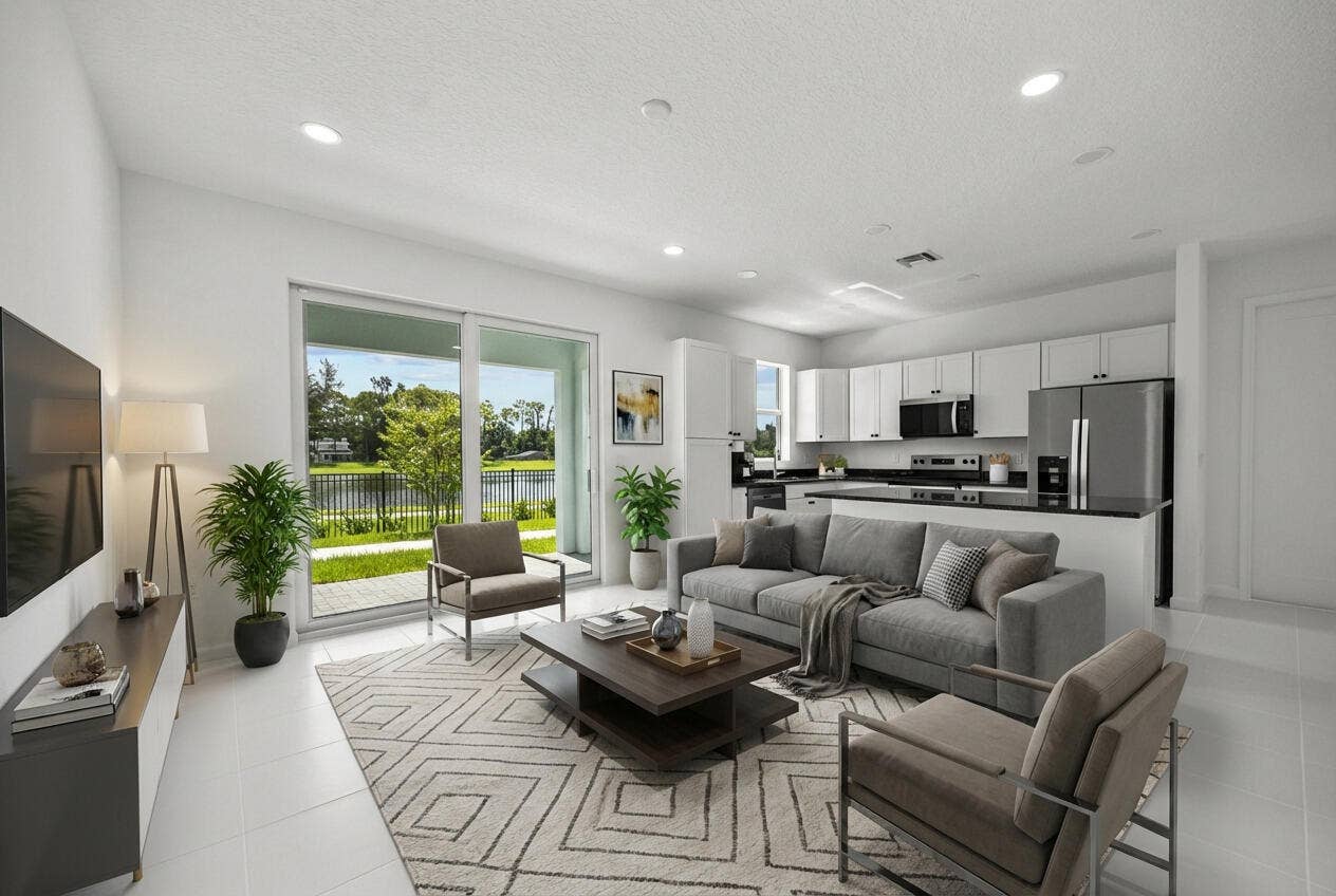 Open-concept living space with white tile flooring, recessed lighting, and sliding glass doors
