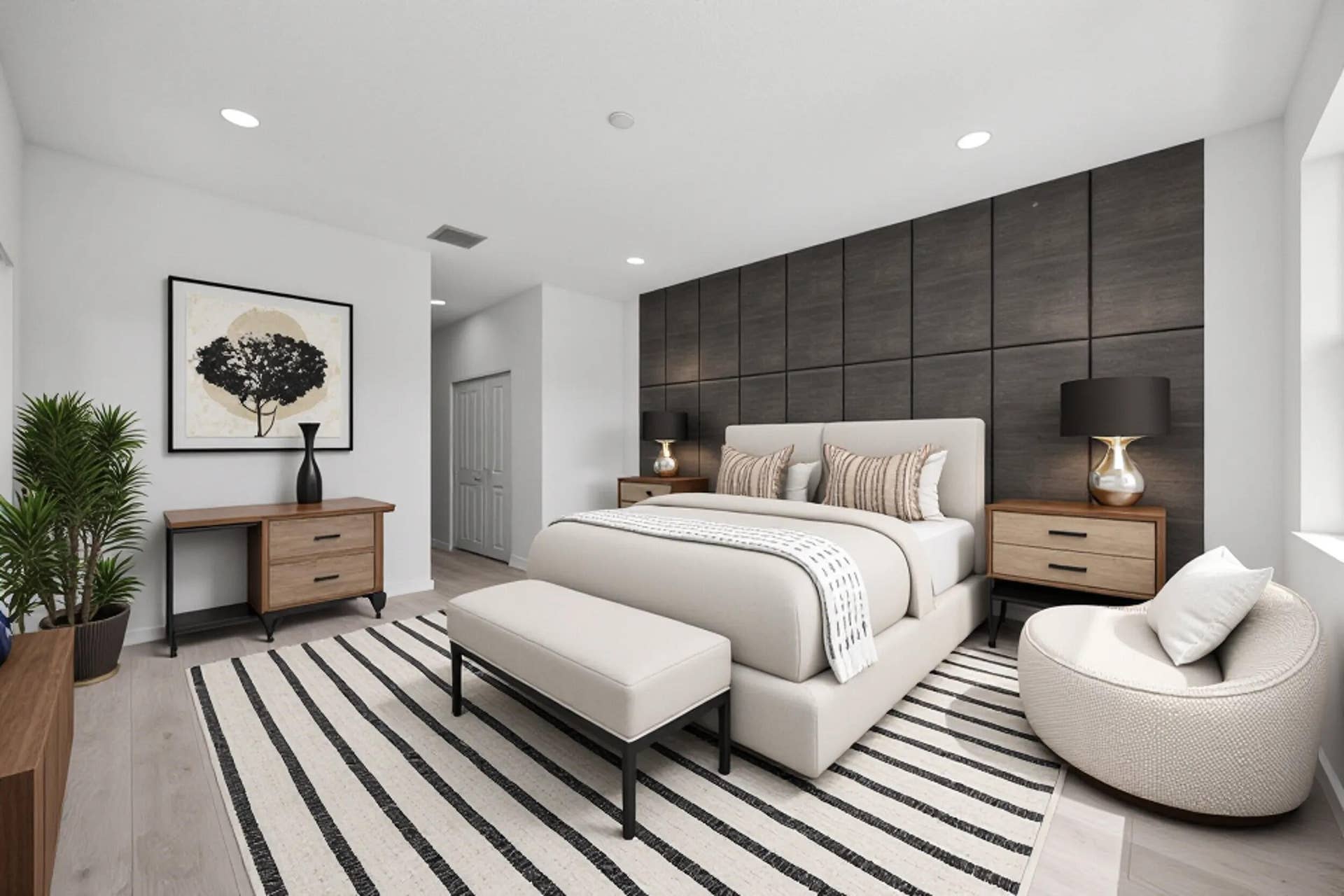 Recessed lighting, wood-finish flooring, accent wall with panel detailing, light-filled window, and neutral wall tones