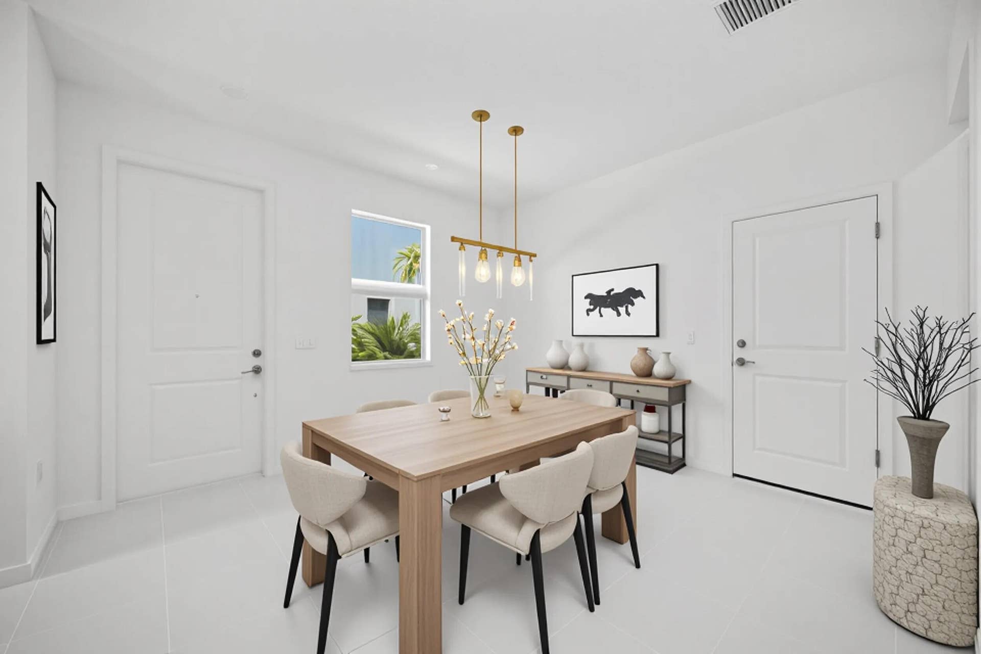 Recessed lighting, light-toned tile flooring, and a multi-light linear chandelier