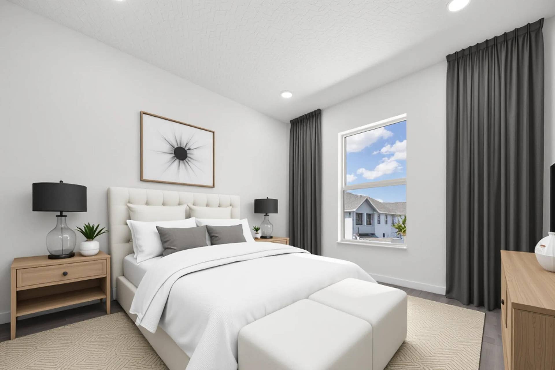 Recessed ceiling lighting, a window with exterior residential structures, and dark grey window treatments