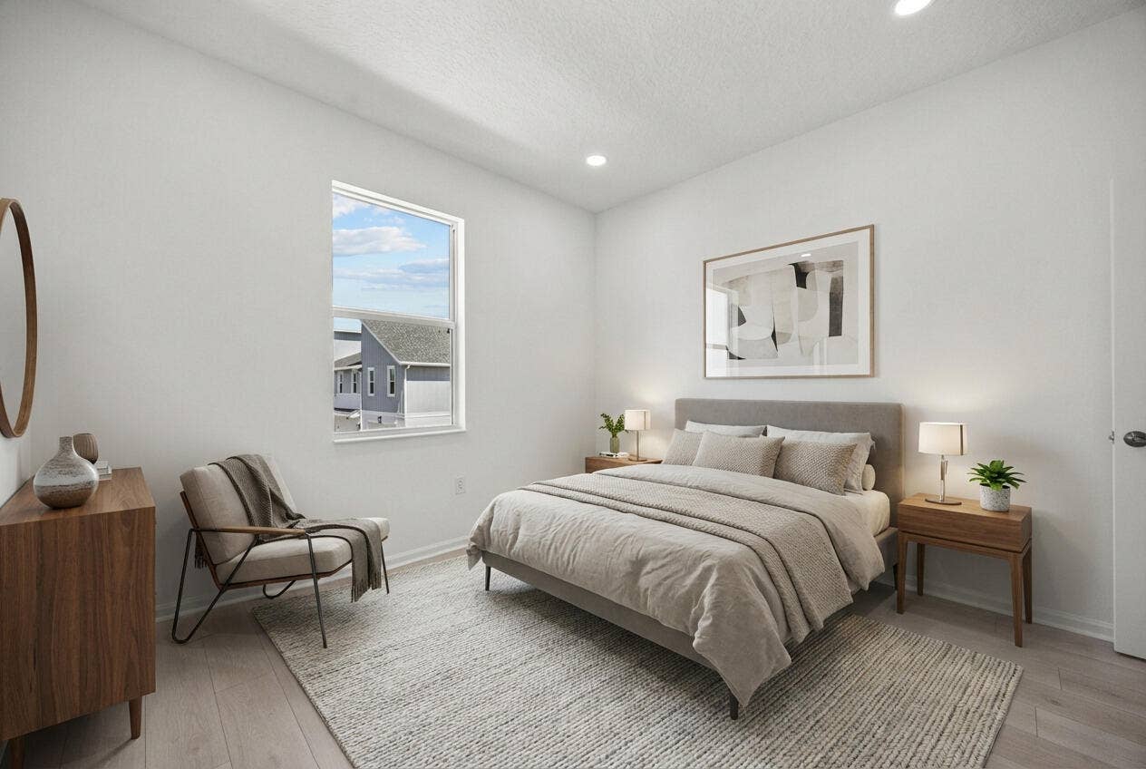 Recessed ceiling lighting, light wood-finish flooring, and a large window