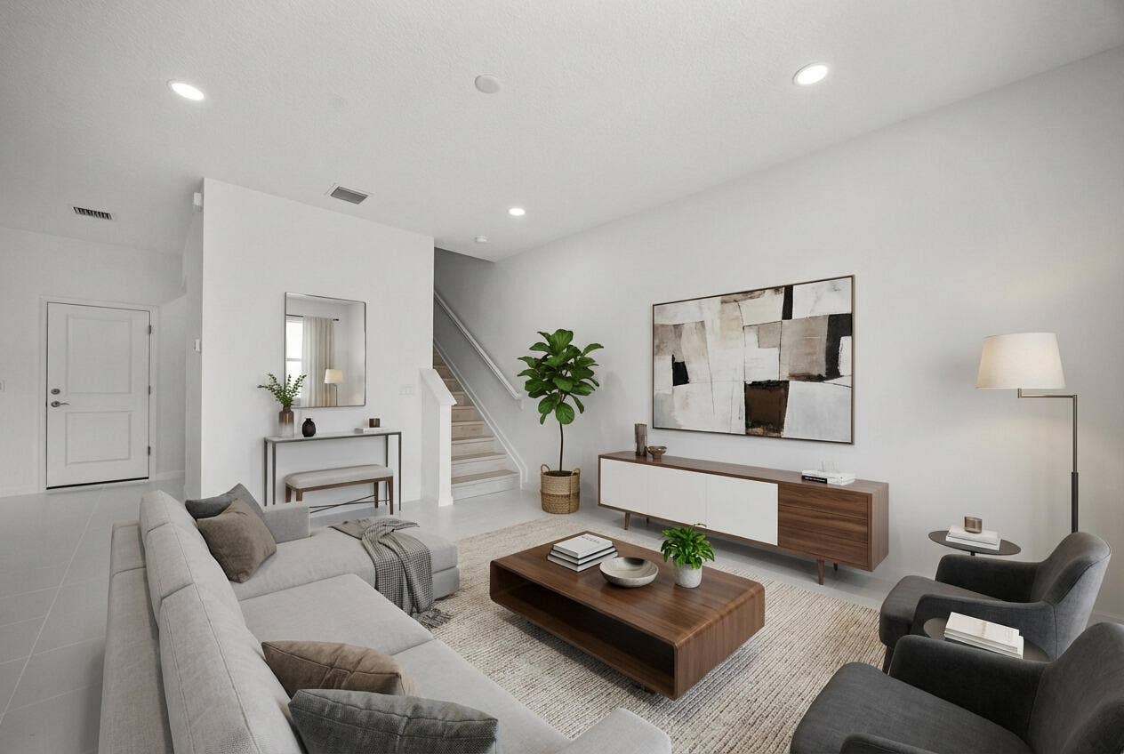 Recessed lighting illuminating a spacious living area featuring light-toned flooring, a staircase with light-toned treads and risers, and a white paneled door