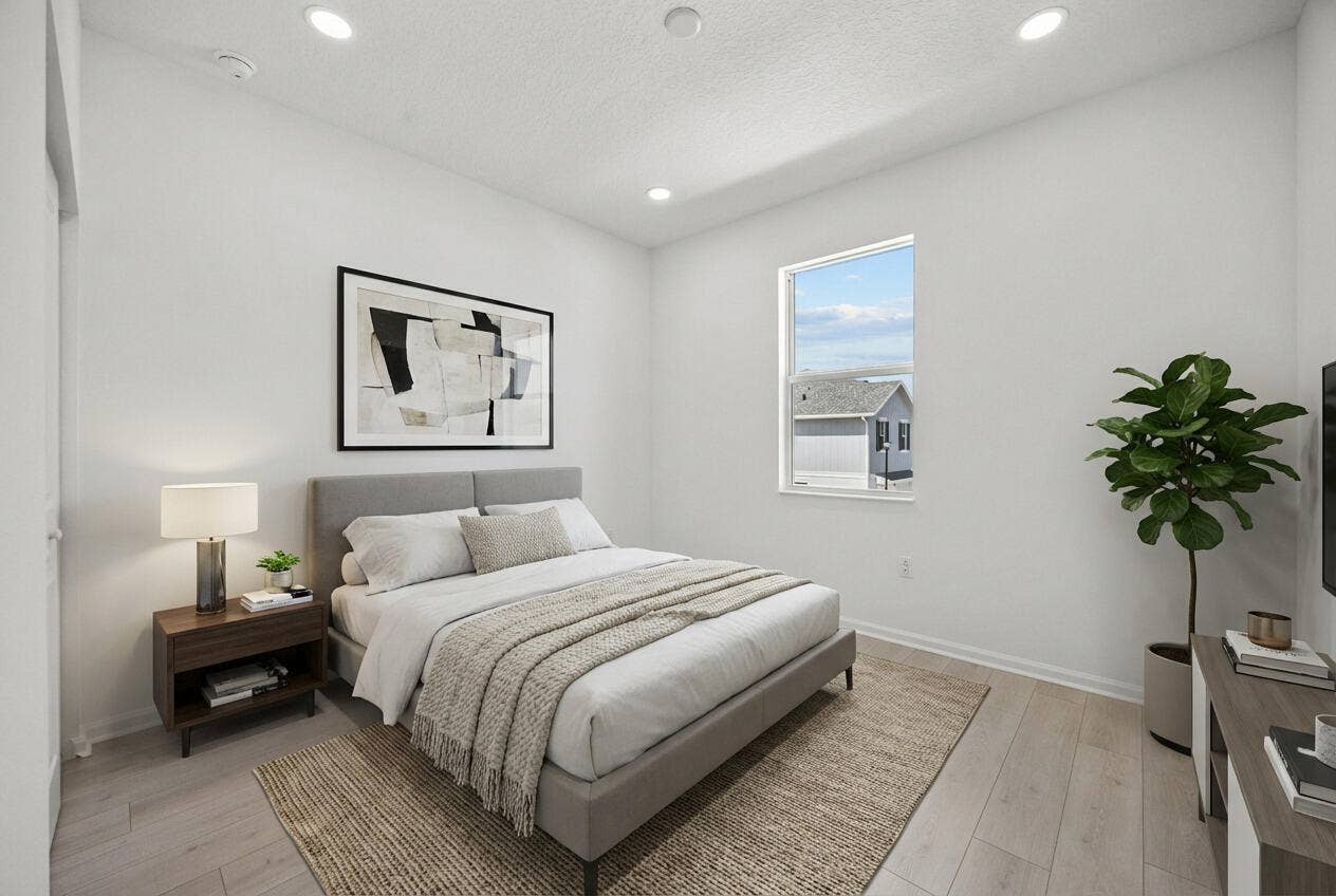 Recessed ceiling lighting, a single window, and wood-finish flooring