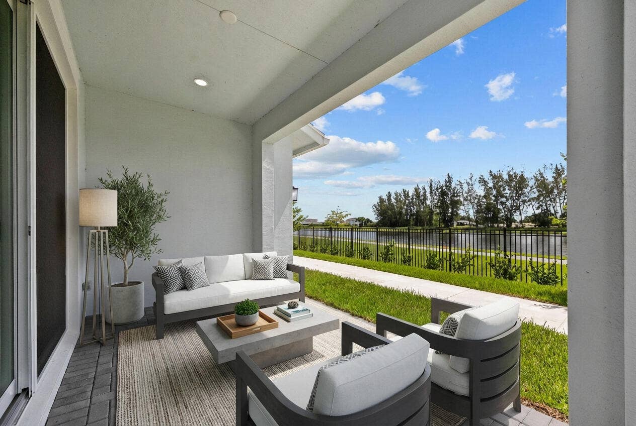 Covered patio with recessed lighting and sliding glass door access