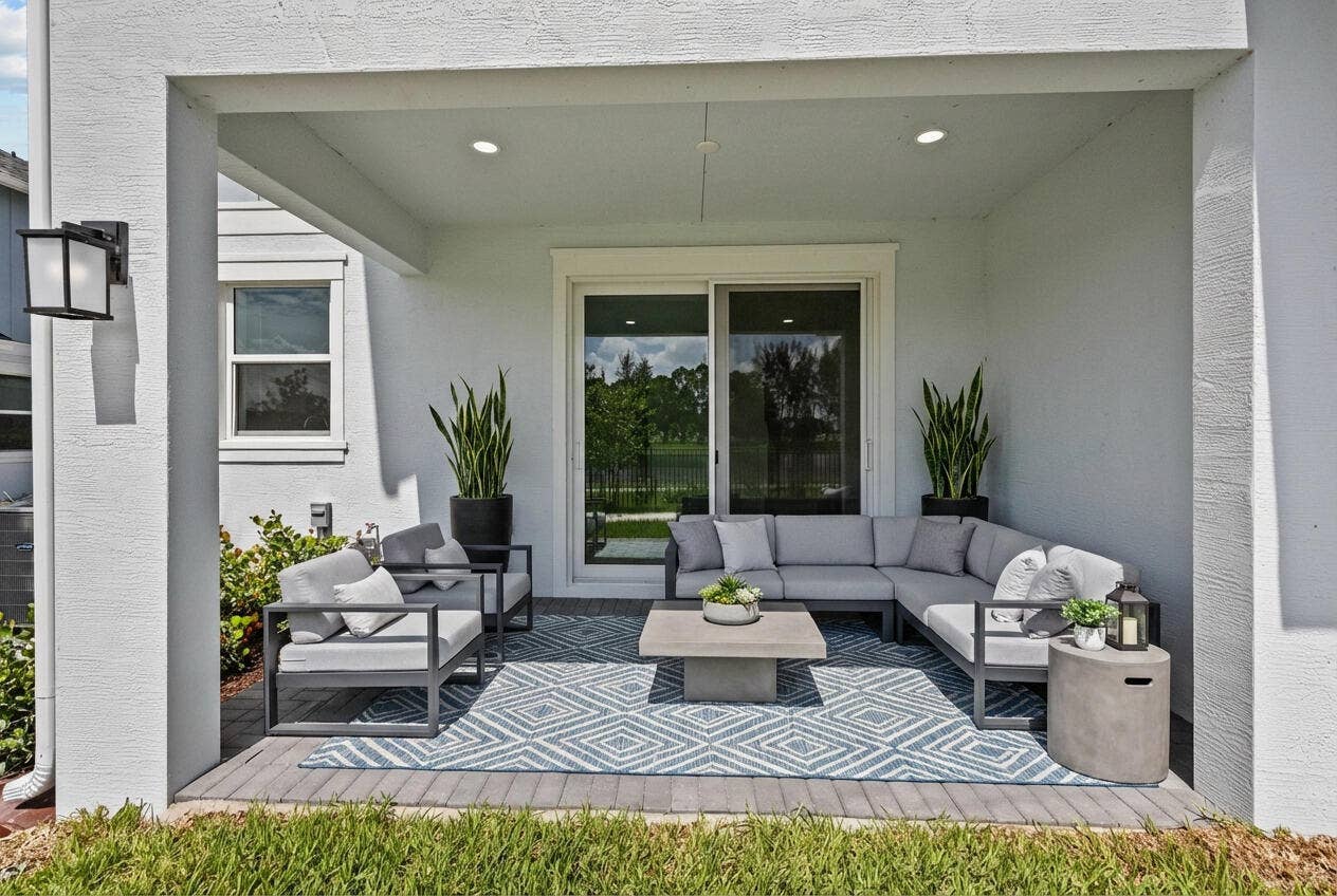 Covered outdoor patio featuring a concrete-textured flooring, recessed lighting, and a modern wall-mounted light fixture