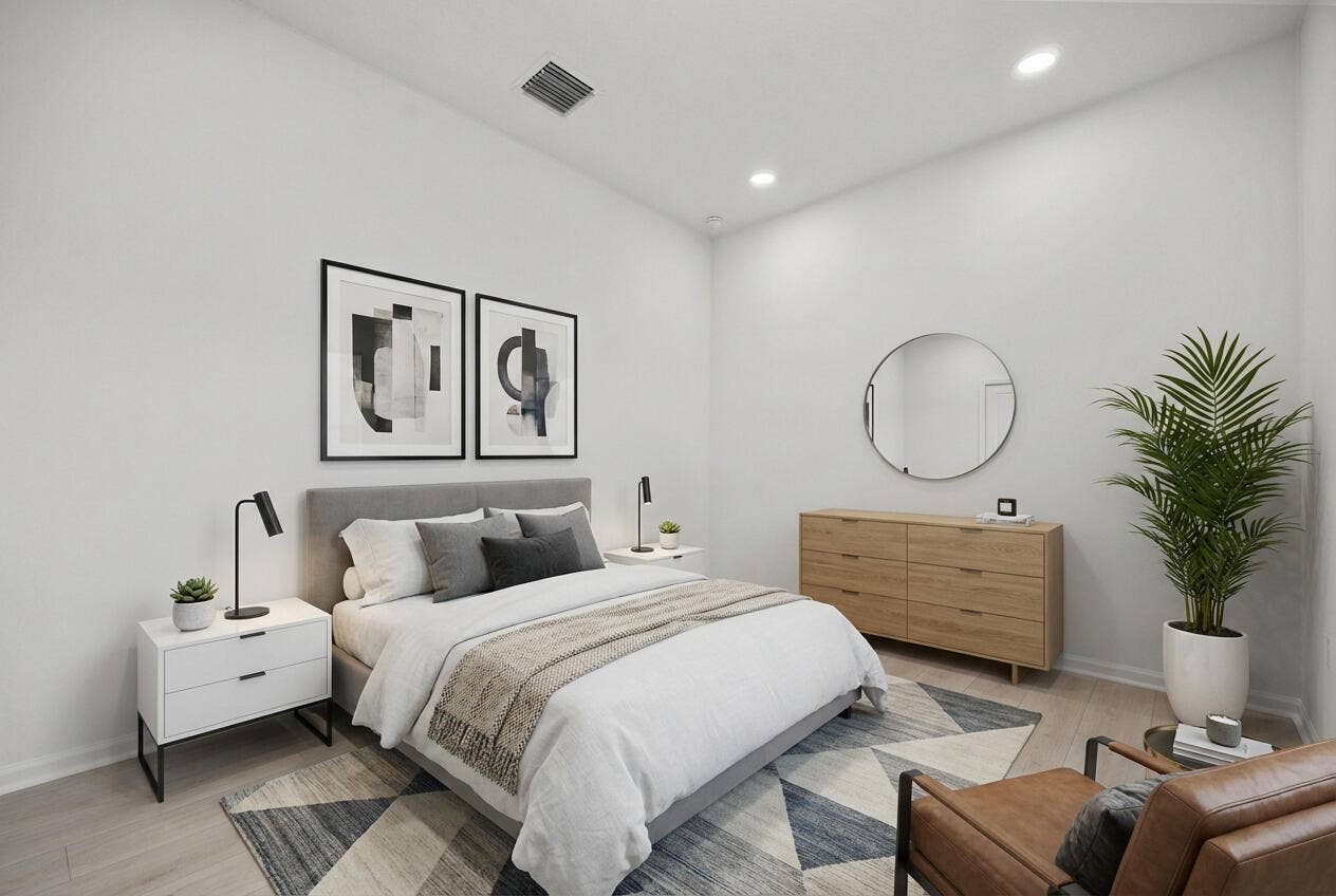 Vaulted ceiling with recessed lighting, wood-finish flooring, and a built-in wall mirror