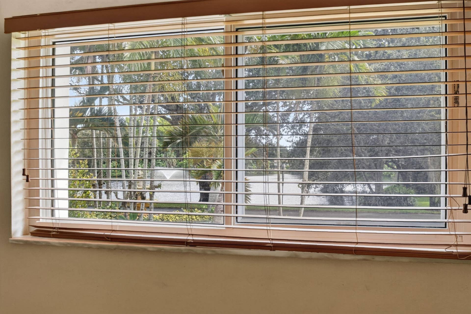 Large window with wood-tone blinds, offering a scenic backdrop of trees and a body of water