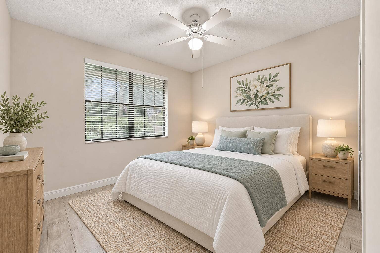 8292 WATERLINE Drive, #106, Boynton Beach, FL 33472 Recessed window with horizontal blinds, overhead ceiling fan with light fixture, wood-finish flooring, and neutral wall tones