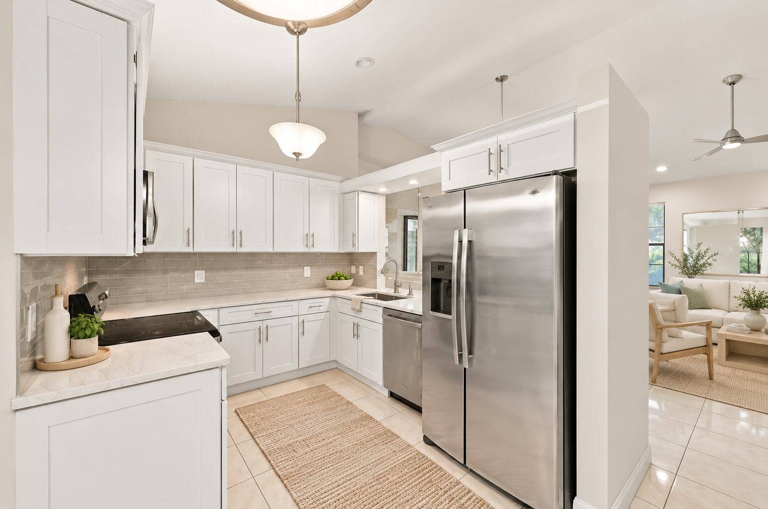 8292 Waterline Drive, #106, Boynton Beach, FL 33472 Kitchen featuring white cabinetry, light-toned countertops, stainless steel appliances, and a tiled backsplash