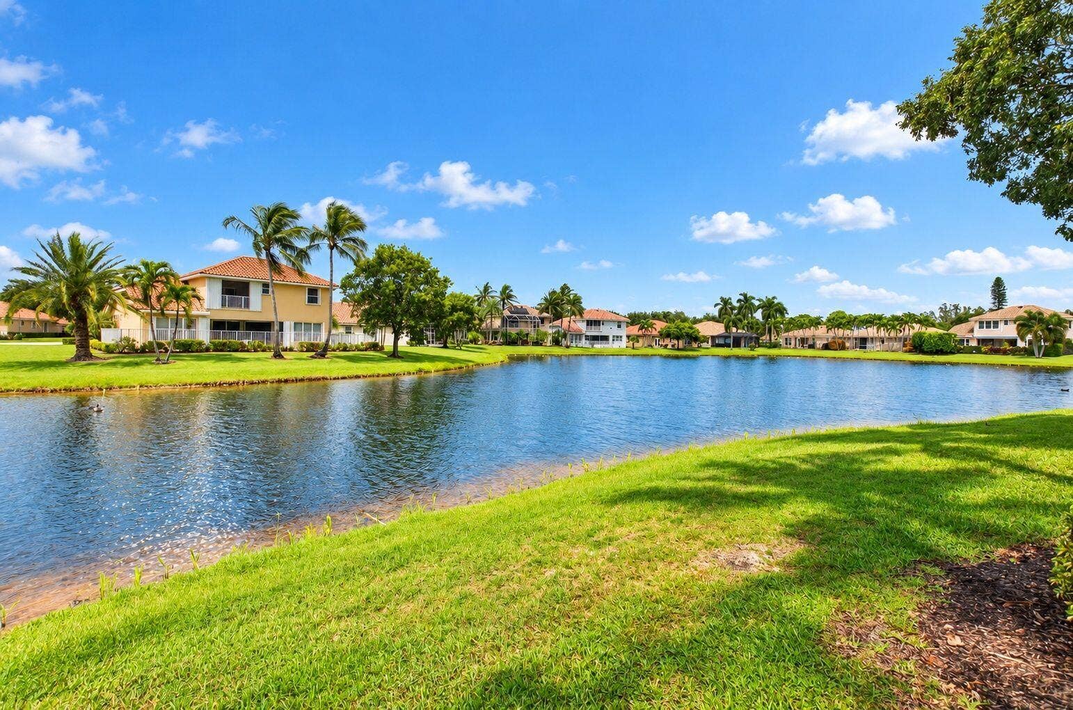 6610 Aston Lane, Boynton Beach, FL 33437 Waterfront property featuring a serene lake, lush green lawn, mature palm trees, and clear blue skies