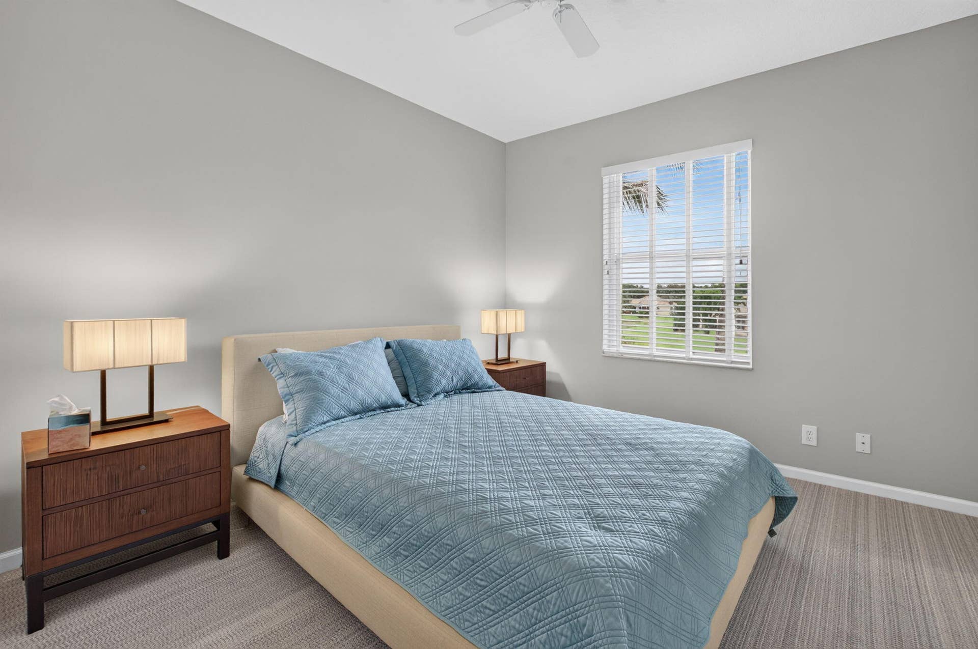 6610 Aston Lane, Boynton Beach, FL 33437 Recessed window with horizontal blinds, overhead ceiling fan, and light gray wall paint